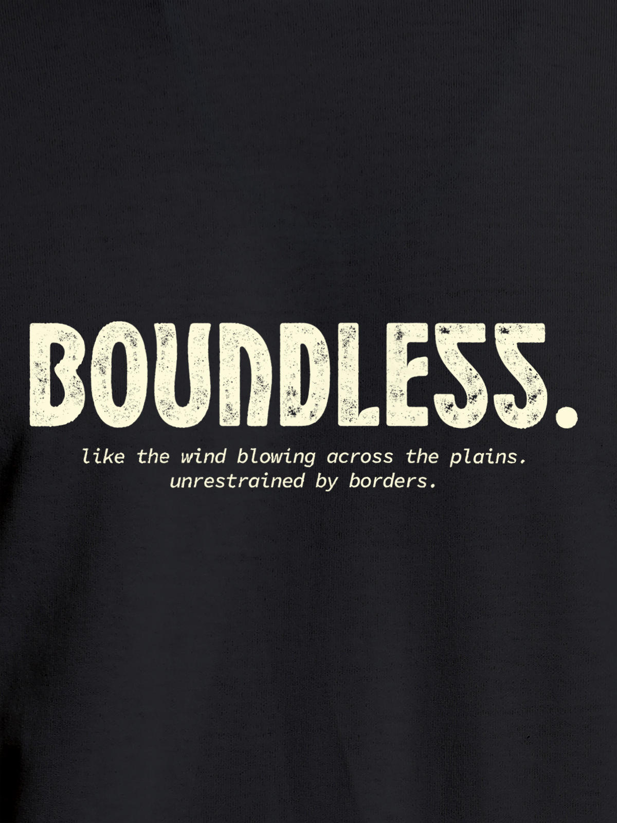 Close up of 'Boundless' design on Men's Dark Grey Round Neck T-shirt, highlighting intricate details and vibrant print.