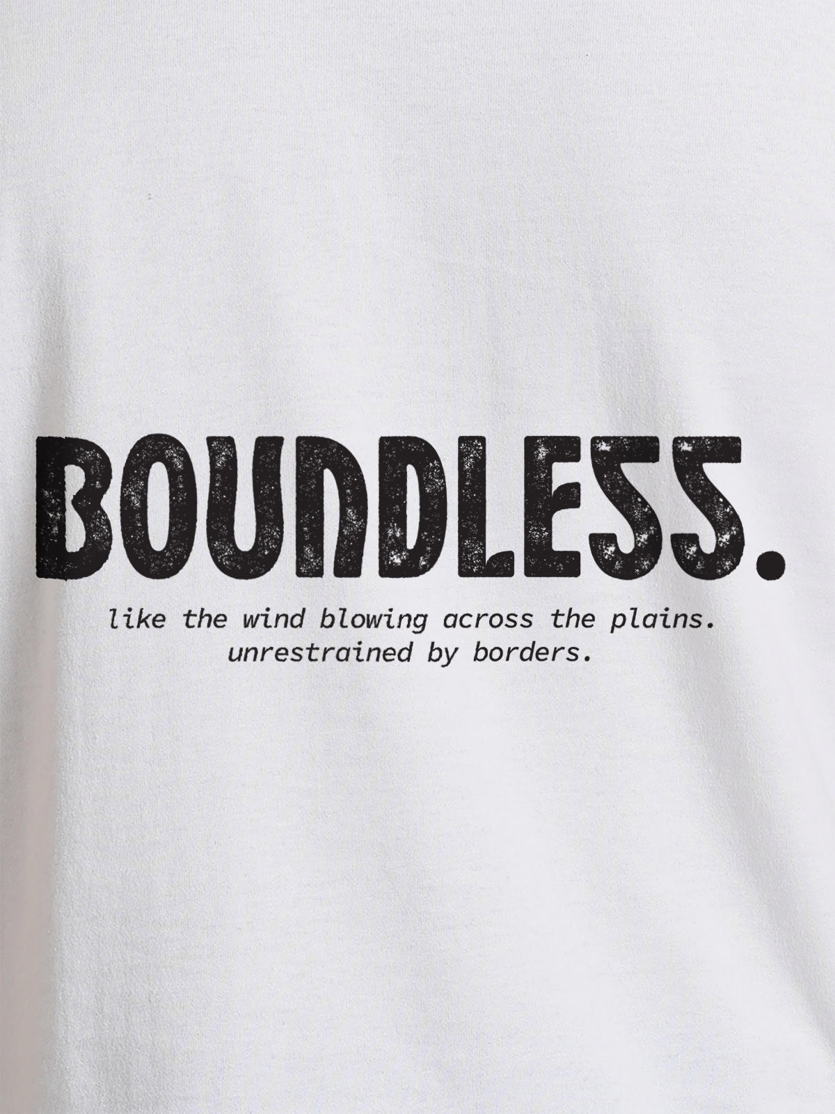Close up of 'Boundless' design on Women's White Round Neck T-shirt, highlighting intricate details and vibrant print.