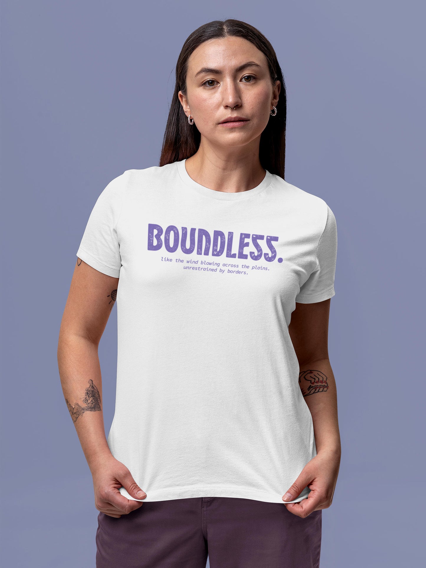 Model wearing Women's White Round Neck T-shirt with 'Boundless' design, offering effortless style and premium comfort