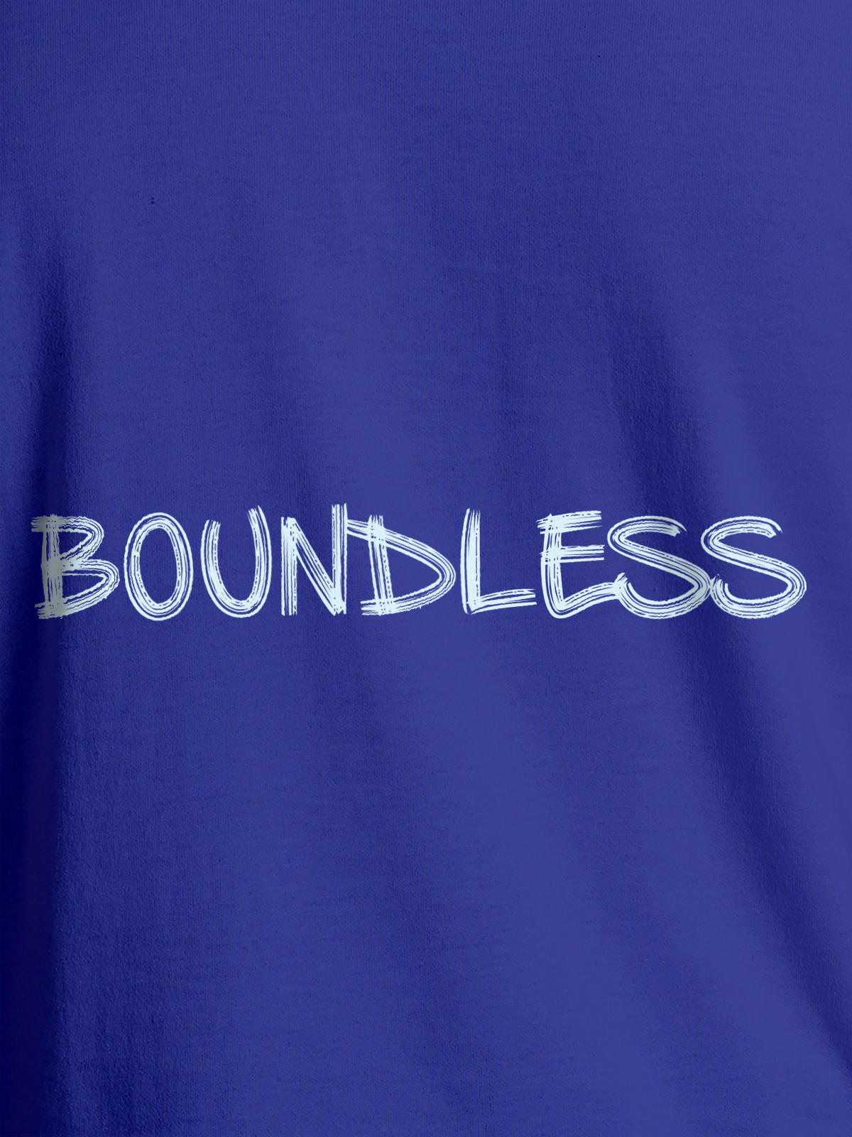 Close up of 'Boundless' design on Men's Blue Round Neck T-shirt, highlighting intricate details and vibrant print.