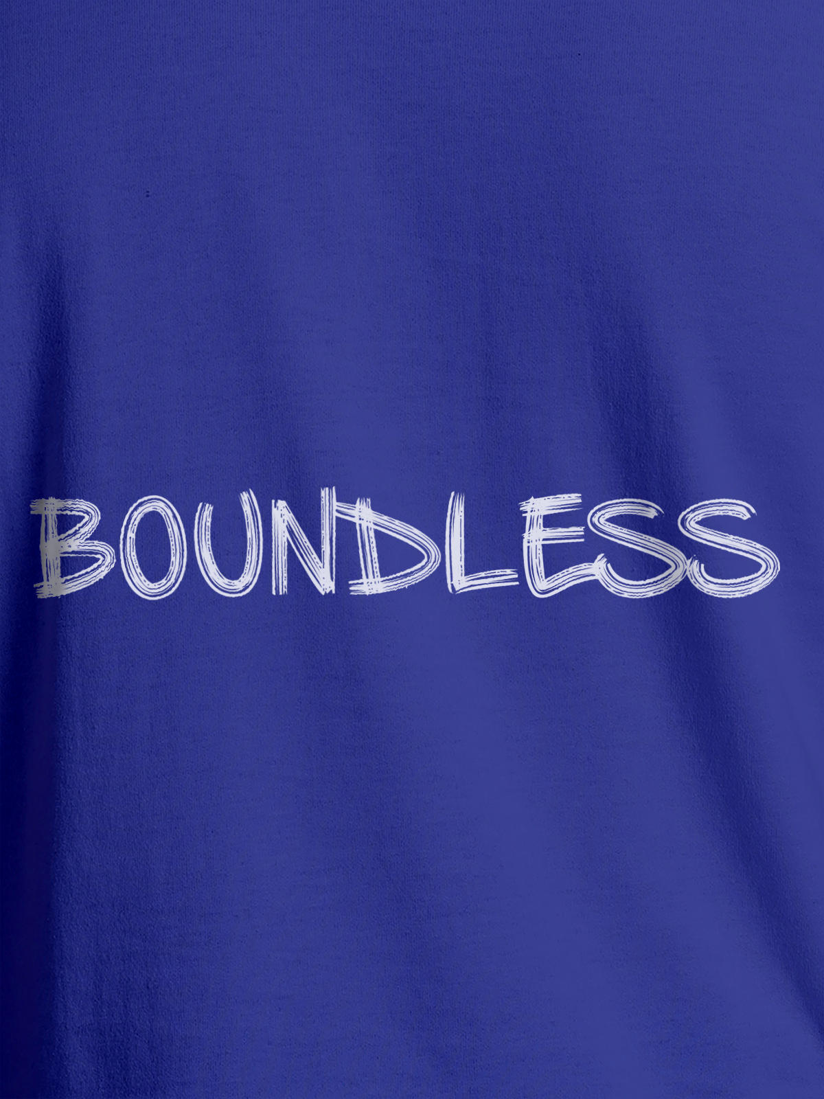 Close up of 'Boundless' design on Men's Blue Round Neck T-shirt, highlighting intricate details and vibrant print.