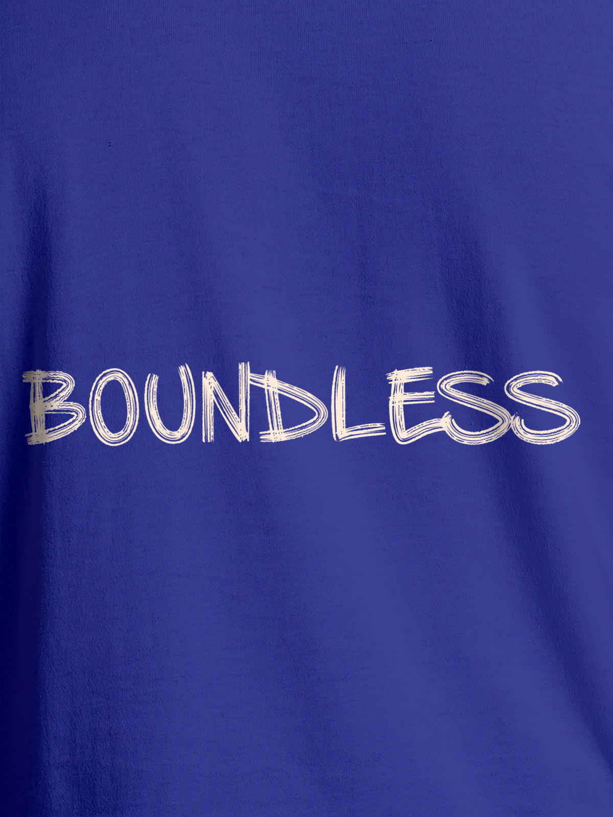 Close up of 'Boundless' design on Men's Blue Round Neck T-shirt, highlighting intricate details and vibrant print.