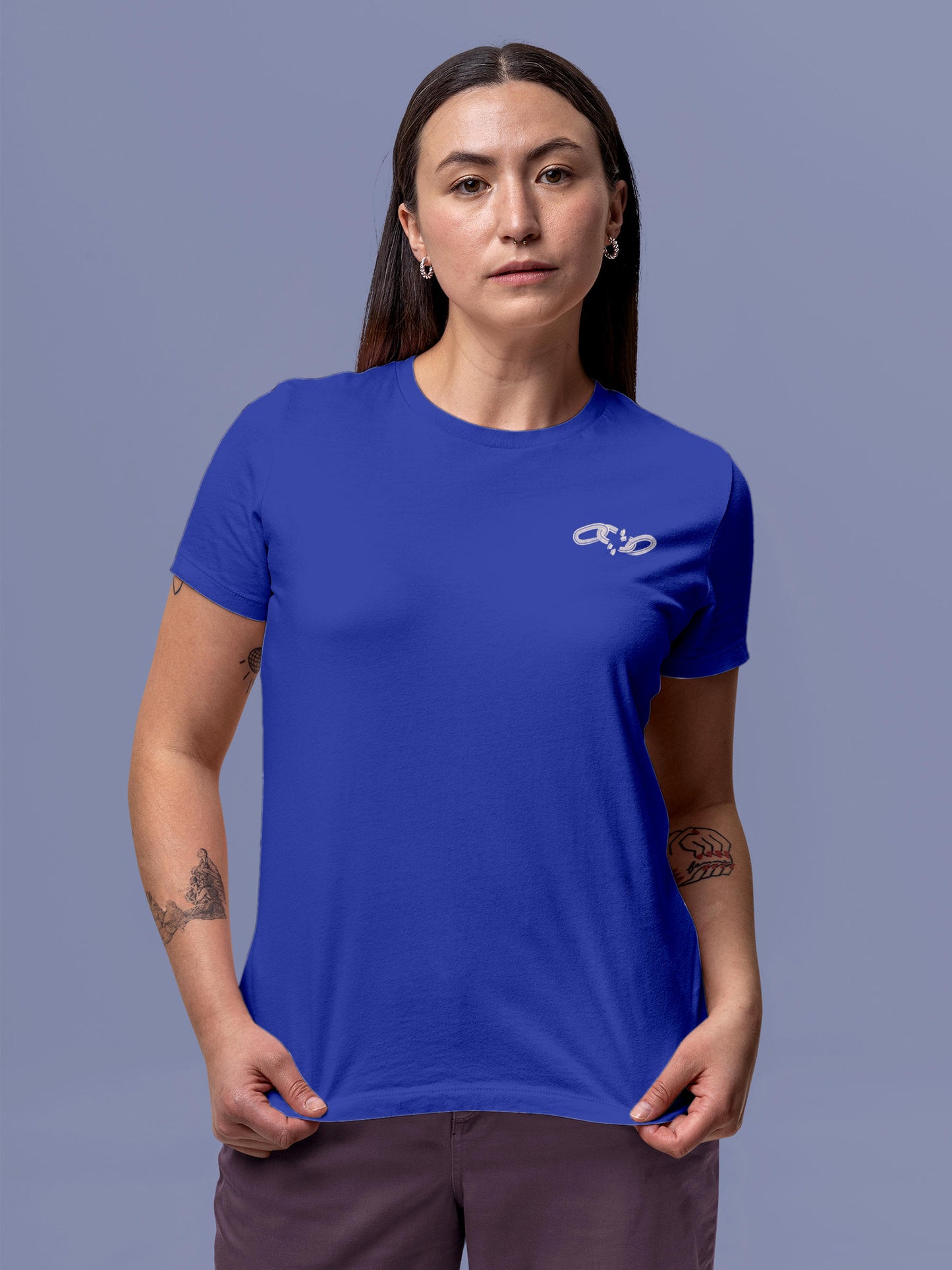 Front view of Fighterhero Women's Blue Round Neck T-shirt, highlighting the 'broken chains' design on the chest.