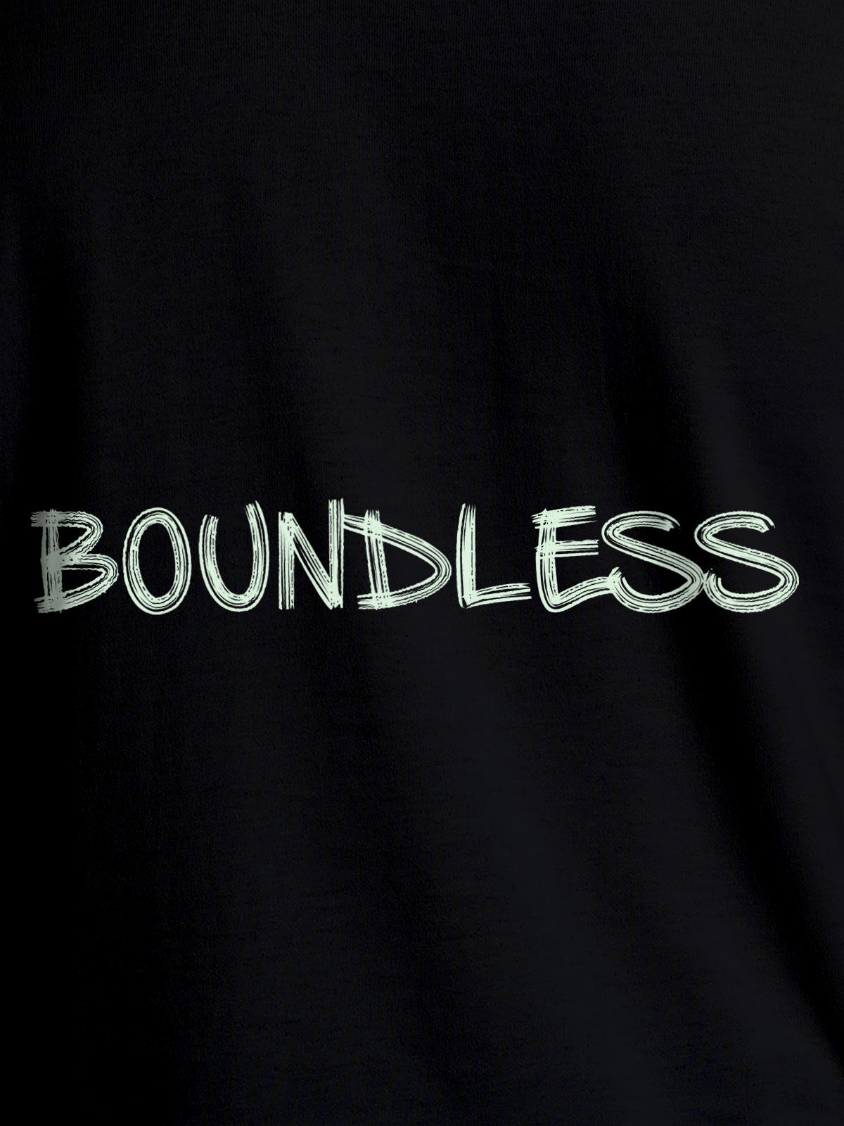 Close up of 'Boundless' design on Men's Black Round Neck T-shirt, highlighting intricate details and vibrant print.
