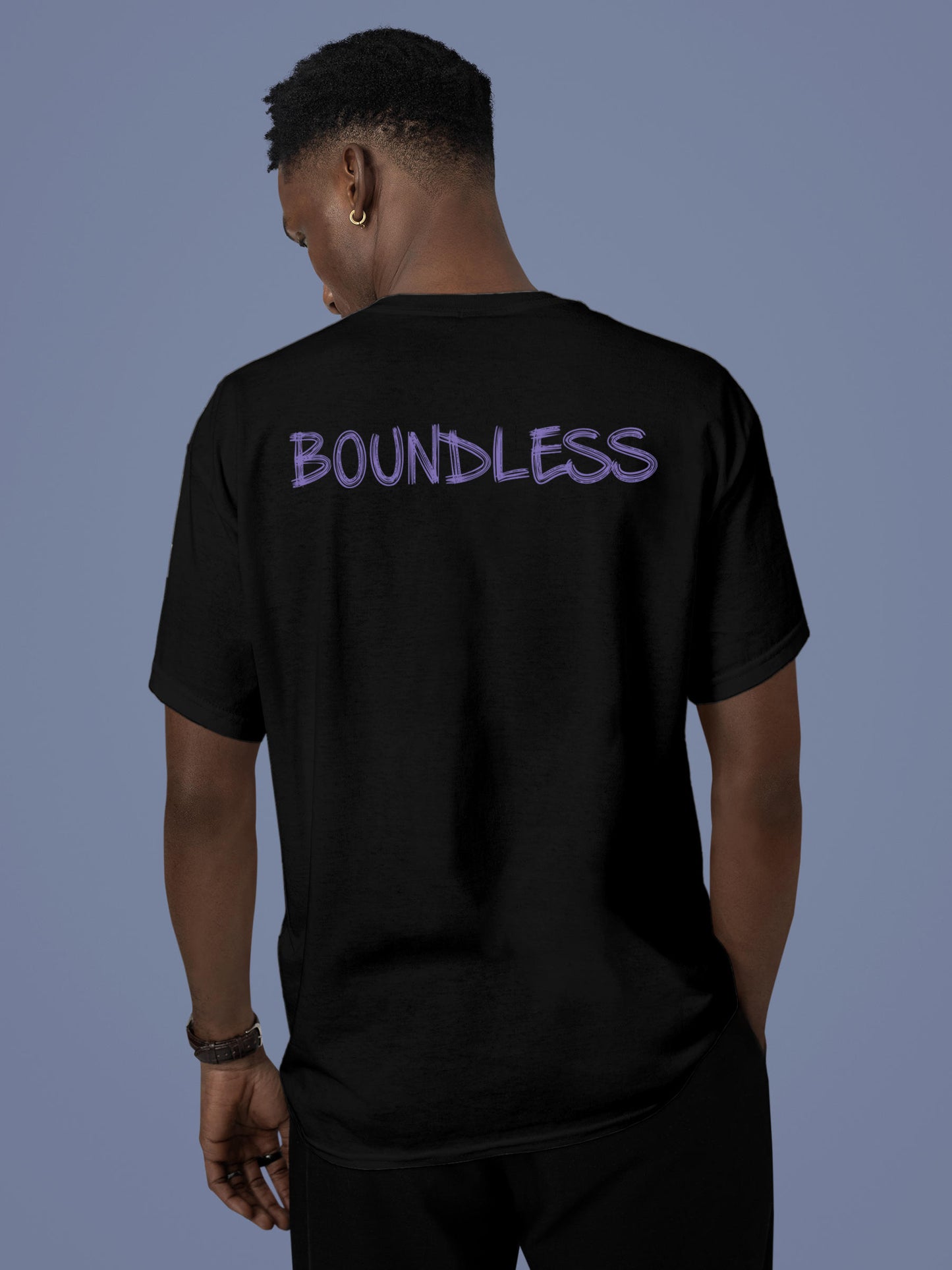 Model wearing Men's Black Round Neck T-shirt with 'Boundless' design, offering effortless style and premium comfort