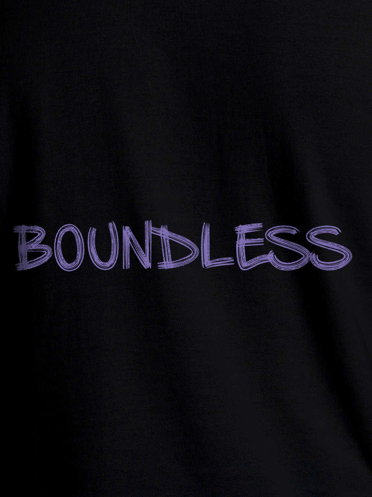 Close up of 'Boundless' design on Men's Black Round Neck T-shirt, highlighting intricate details and vibrant print.
