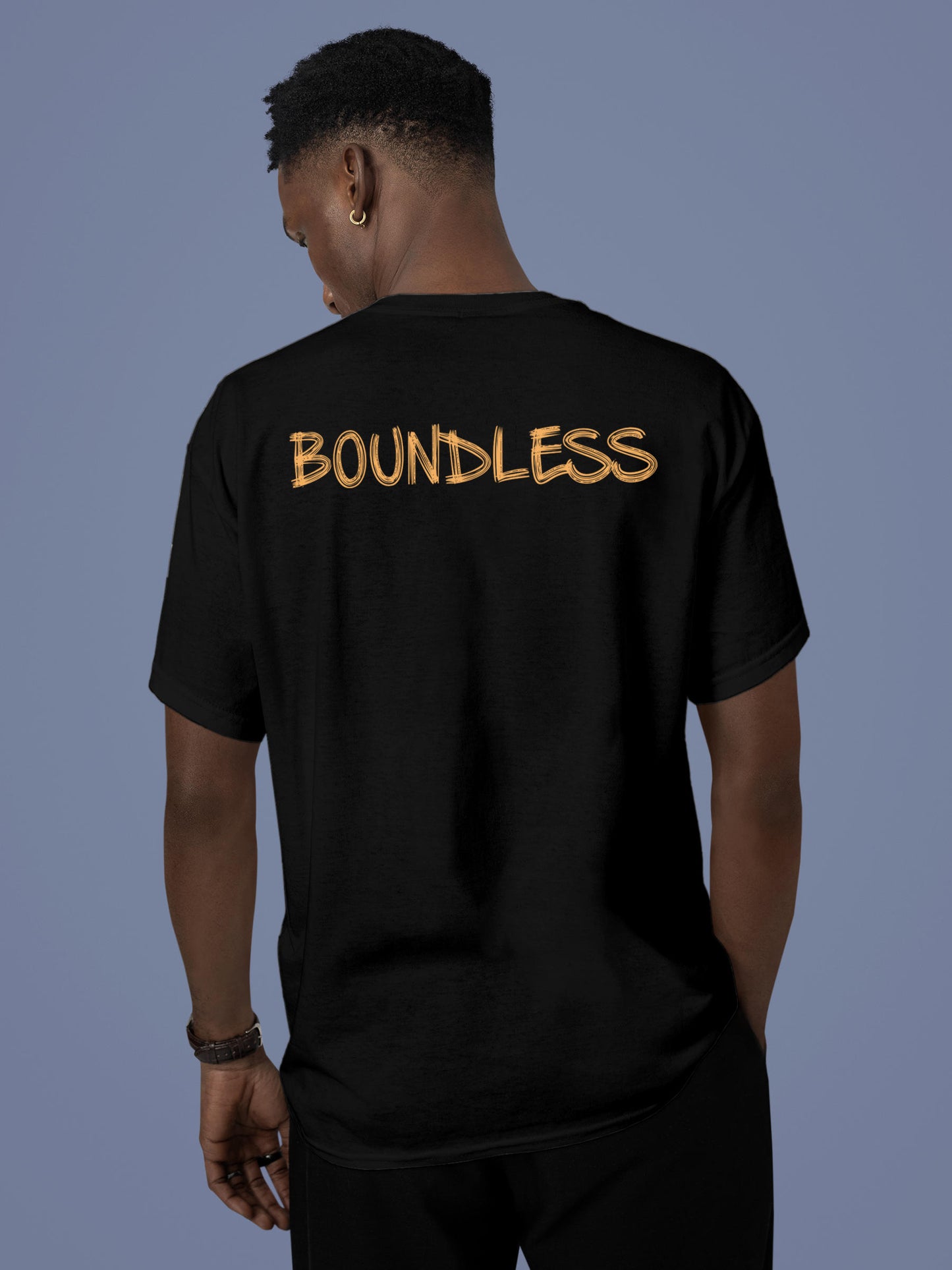 Model wearing Men's Black Round Neck T-shirt with 'Boundless' design, offering effortless style and premium comfort