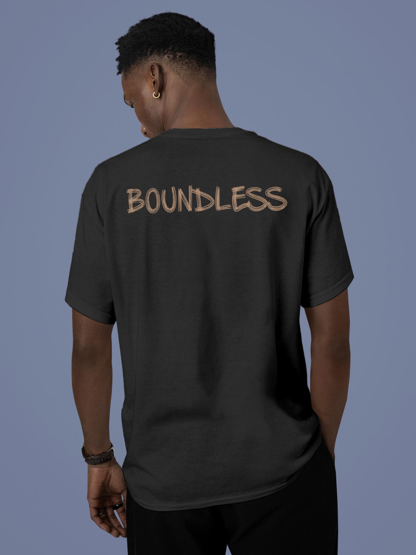 Model wearing Men's Dark Grey Round Neck T-shirt with 'Boundless' design, offering effortless style and premium comfort