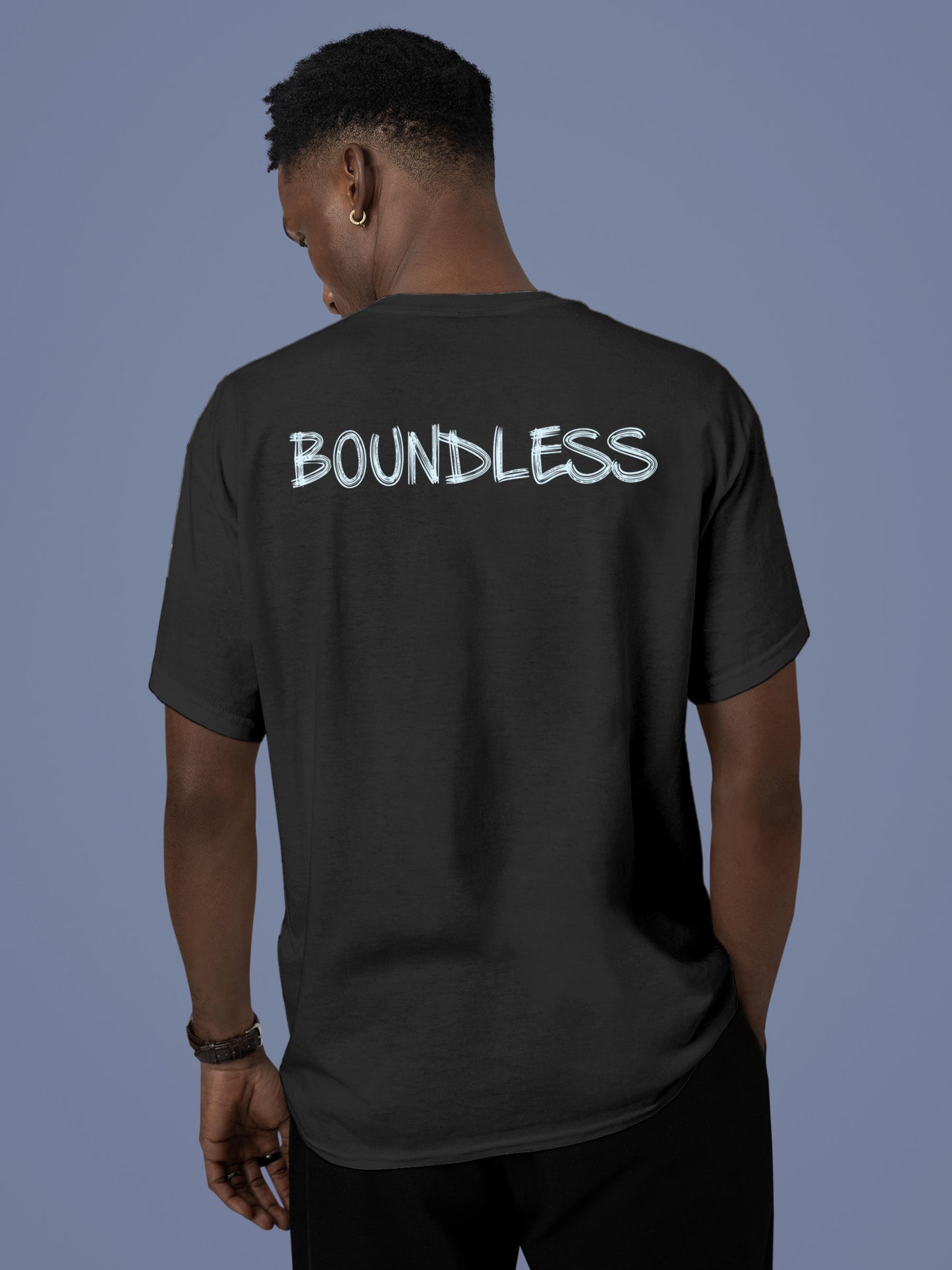 Model wearing Men's Dark Grey Round Neck T-shirt with 'Boundless' design, offering effortless style and premium comfort