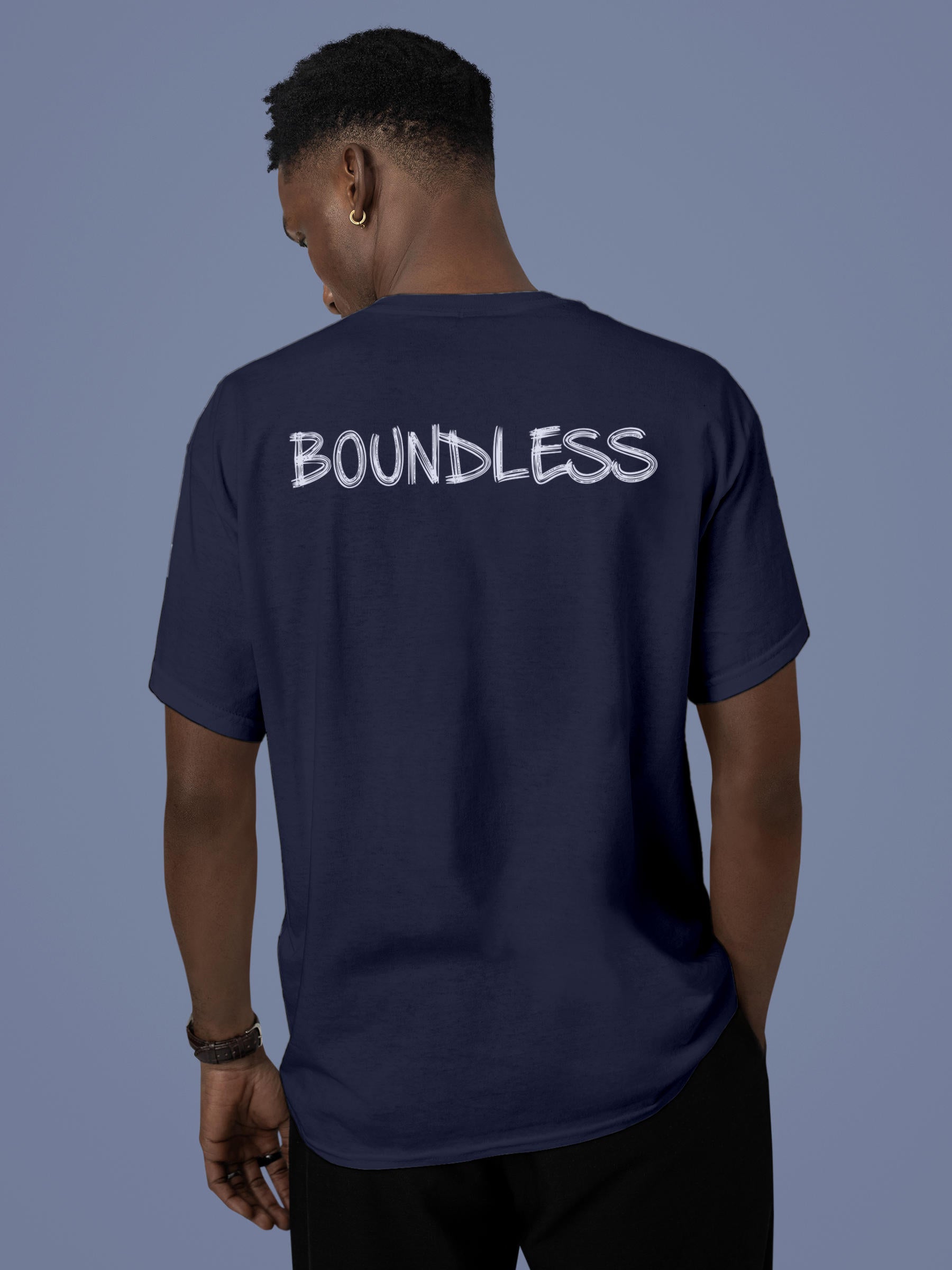 Model wearing Men's Navy Blue Round Neck T-shirt with 'Boundless' design, offering effortless style and premium comfort