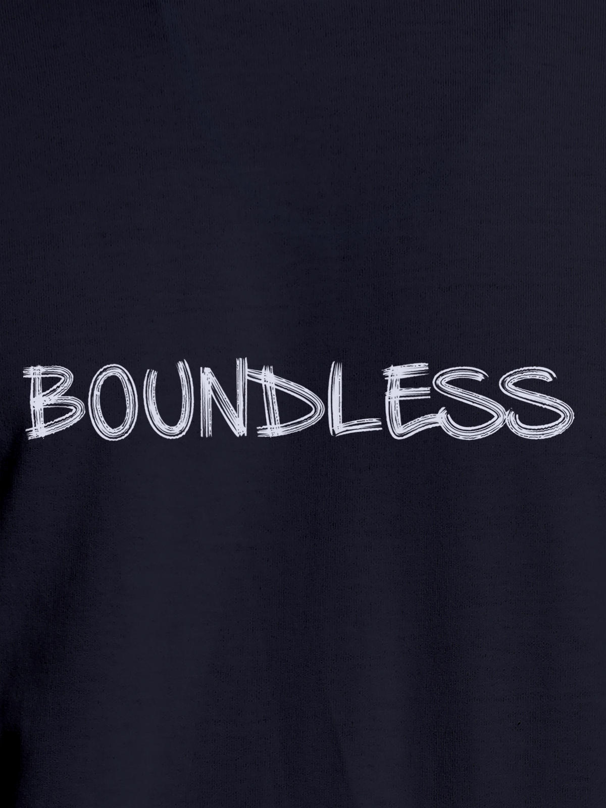 Close up of 'Boundless' design on Women's Navy Blue Round Neck T-shirt, highlighting intricate details and vibrant print.