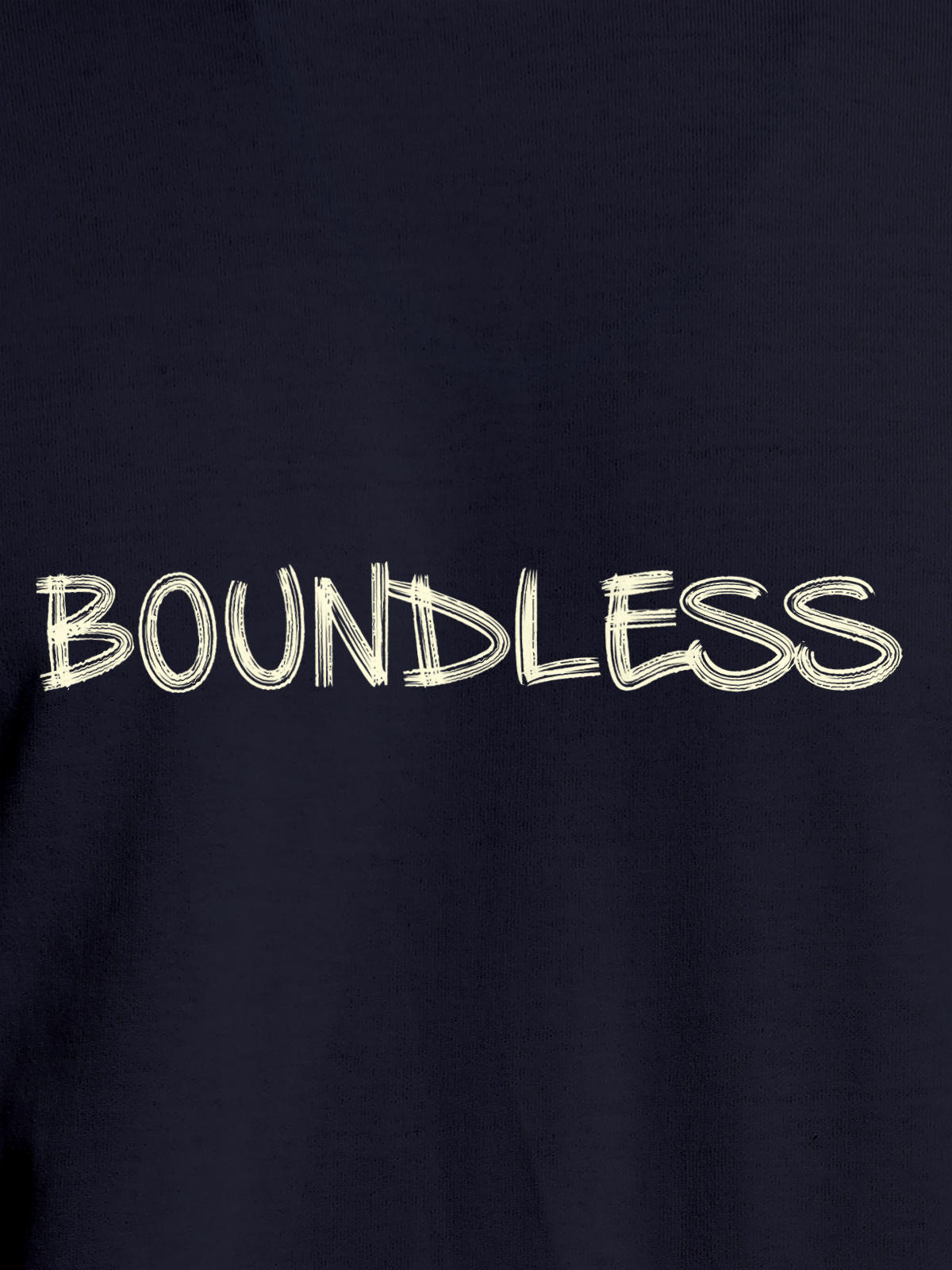 Close up of 'Boundless' design on Women's Navy Blue Round Neck T-shirt, highlighting intricate details and vibrant print.
