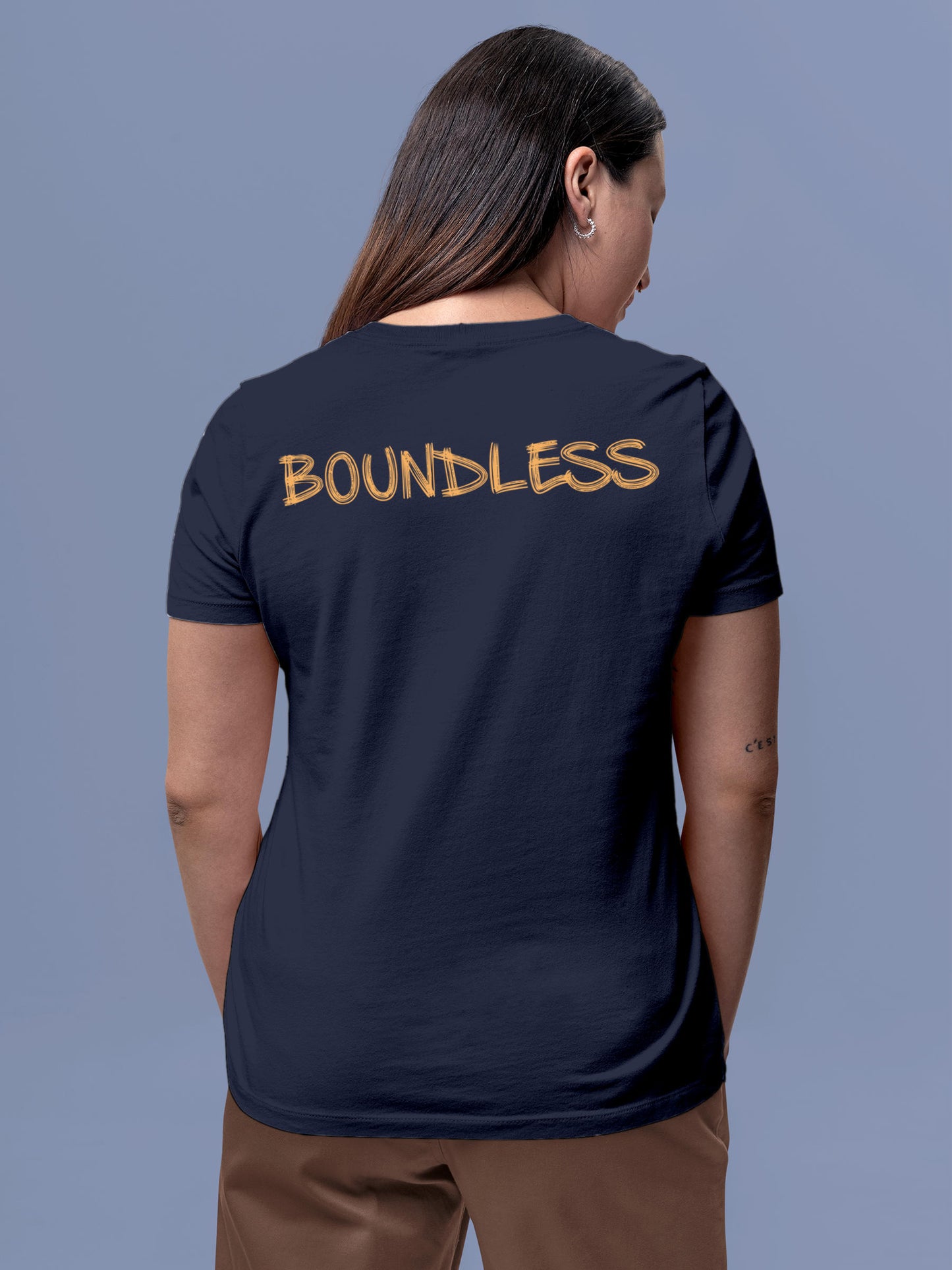 Model wearing Women's Navy Blue Round Neck T-shirt with 'Boundless' design, offering effortless style and premium comfort