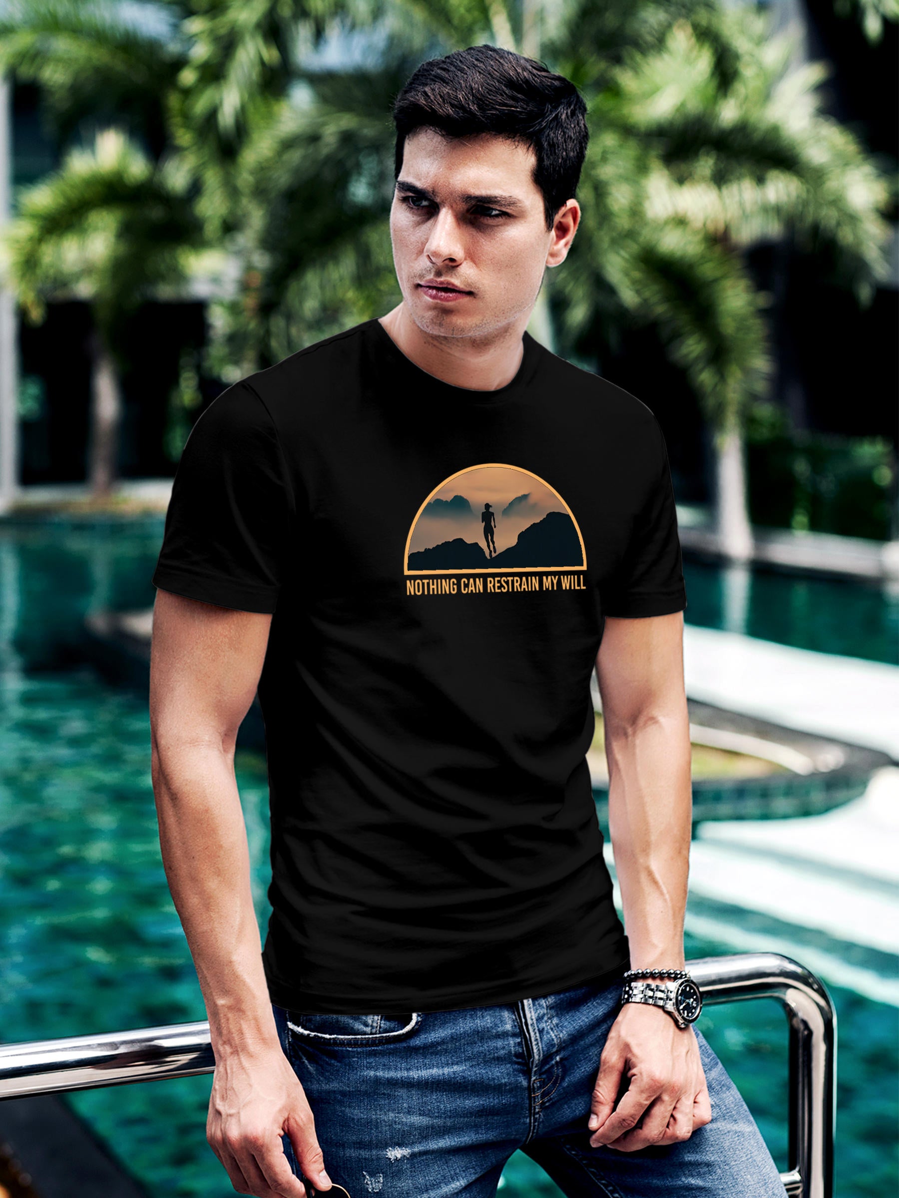 Model wearing Men's Black Round Neck T-shirt with 'Limitless Will' design, offering effortless style and premium comfort