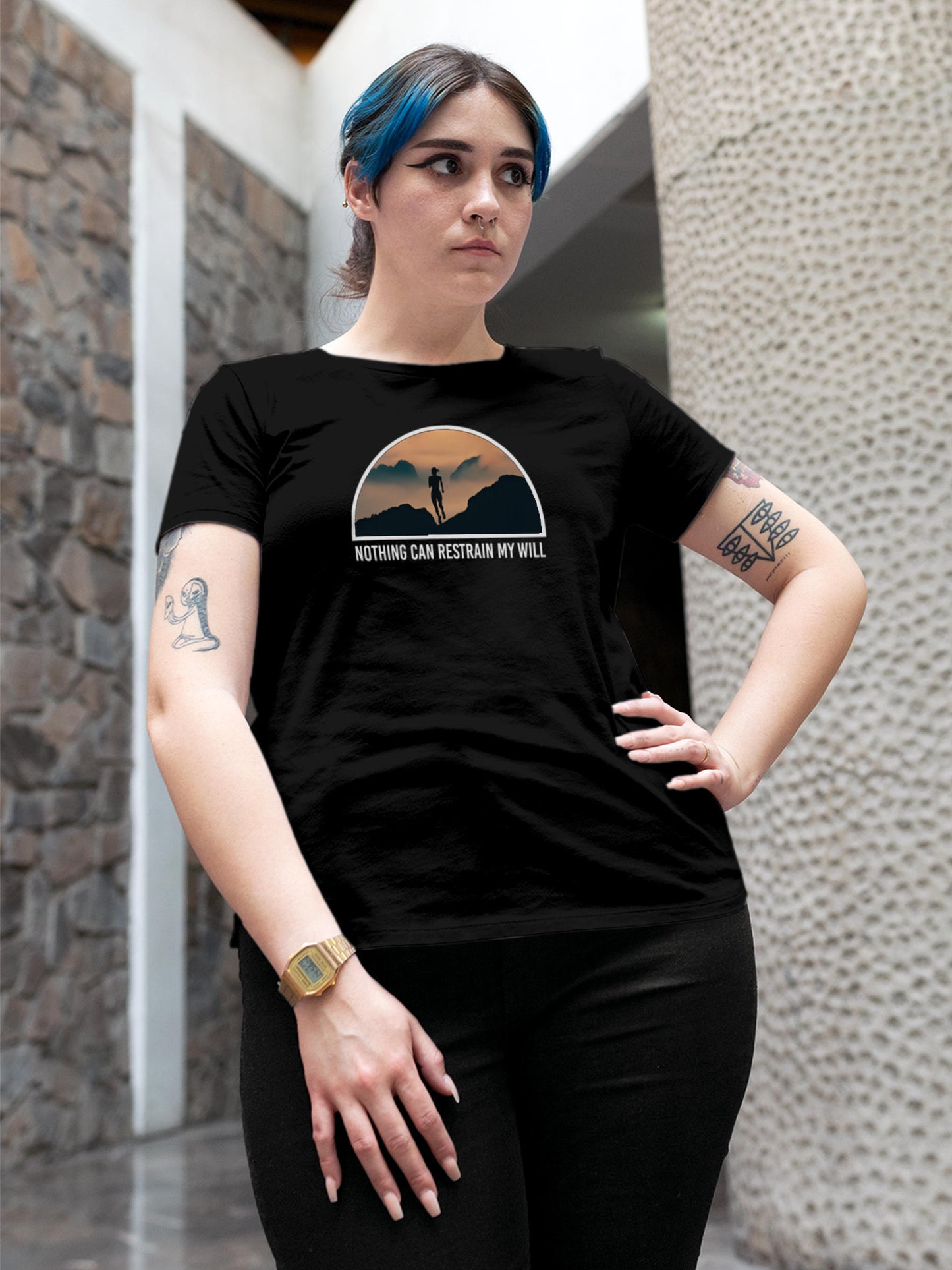 Model wearing Women's Black Round Neck T-shirt with 'Limitless Will' design, offering effortless style and premium comfort