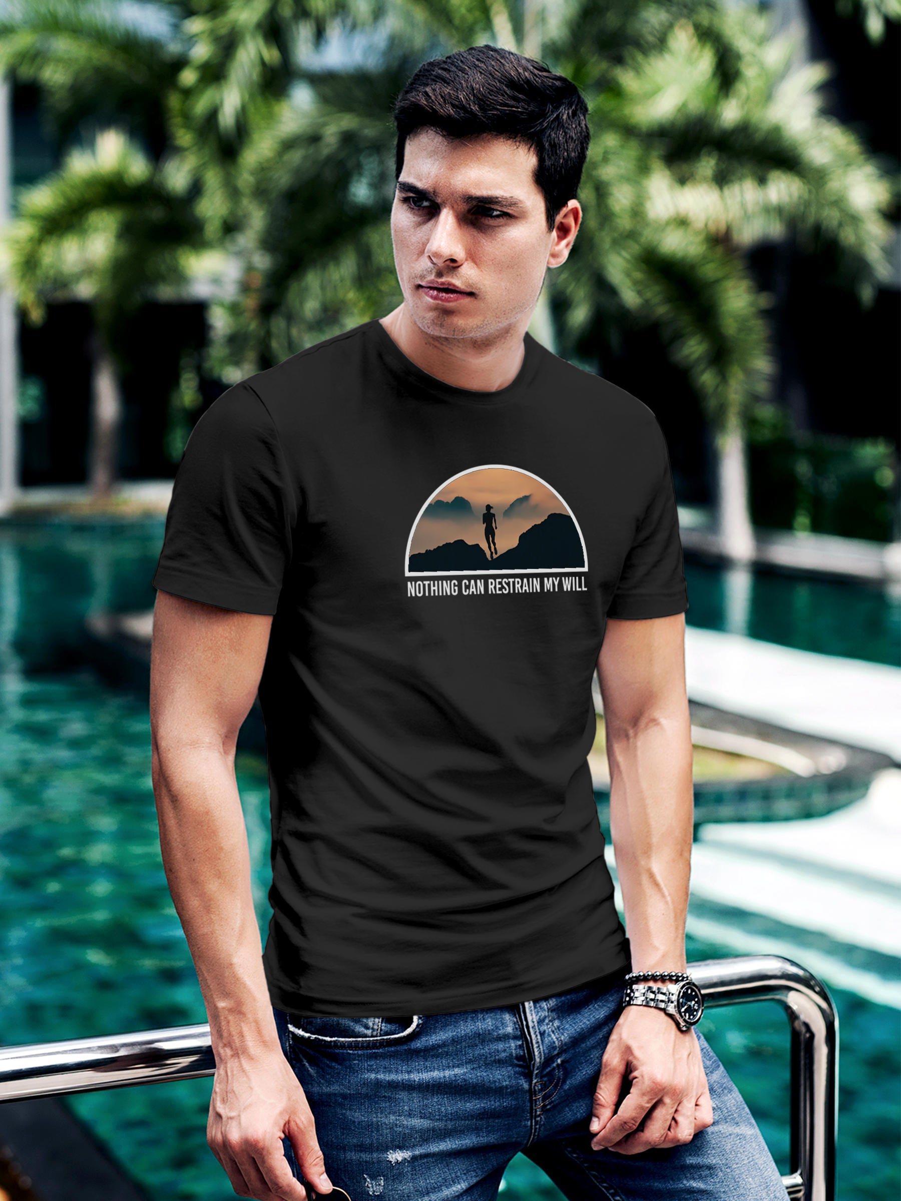 Model wearing Men's Dark Grey Round Neck T-shirt with 'Limitless Will' design, offering effortless style and premium comfort