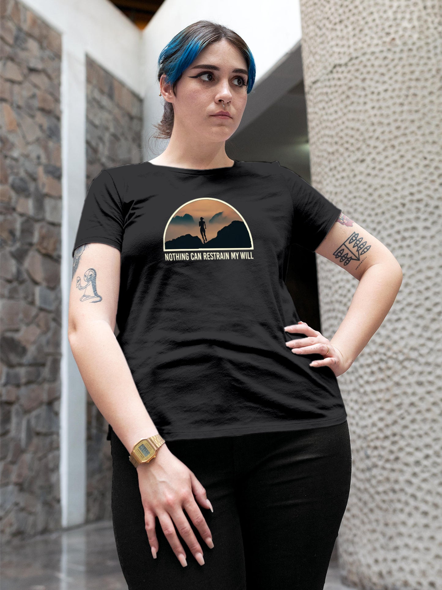 Model wearing Women's Dark Grey Round Neck T-shirt with 'Limitless Will' design, offering effortless style and premium comfort