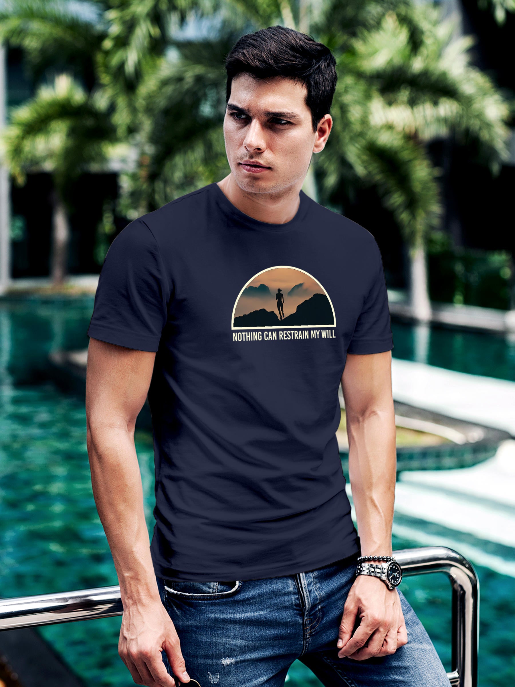 Model wearing Men's Navy Blue Round Neck T-shirt with 'Limitless Will' design, offering effortless style and premium comfort
