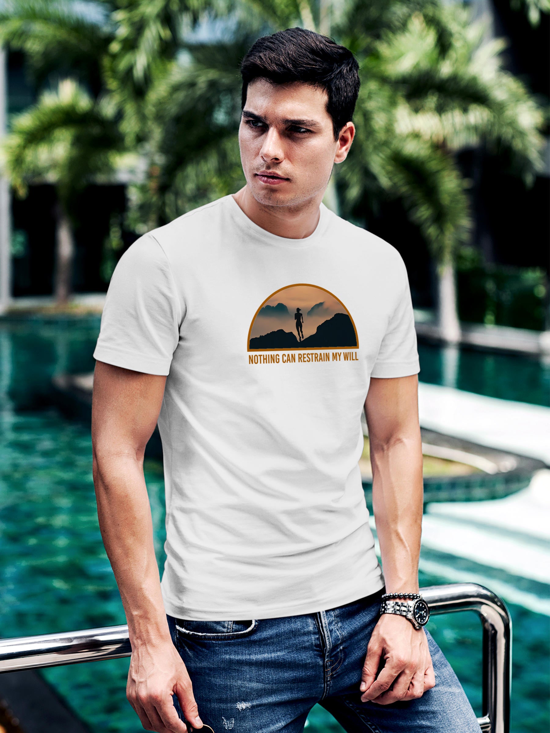 Model wearing Men's White Round Neck T-shirt with 'Limitless Will' design, offering effortless style and premium comfort