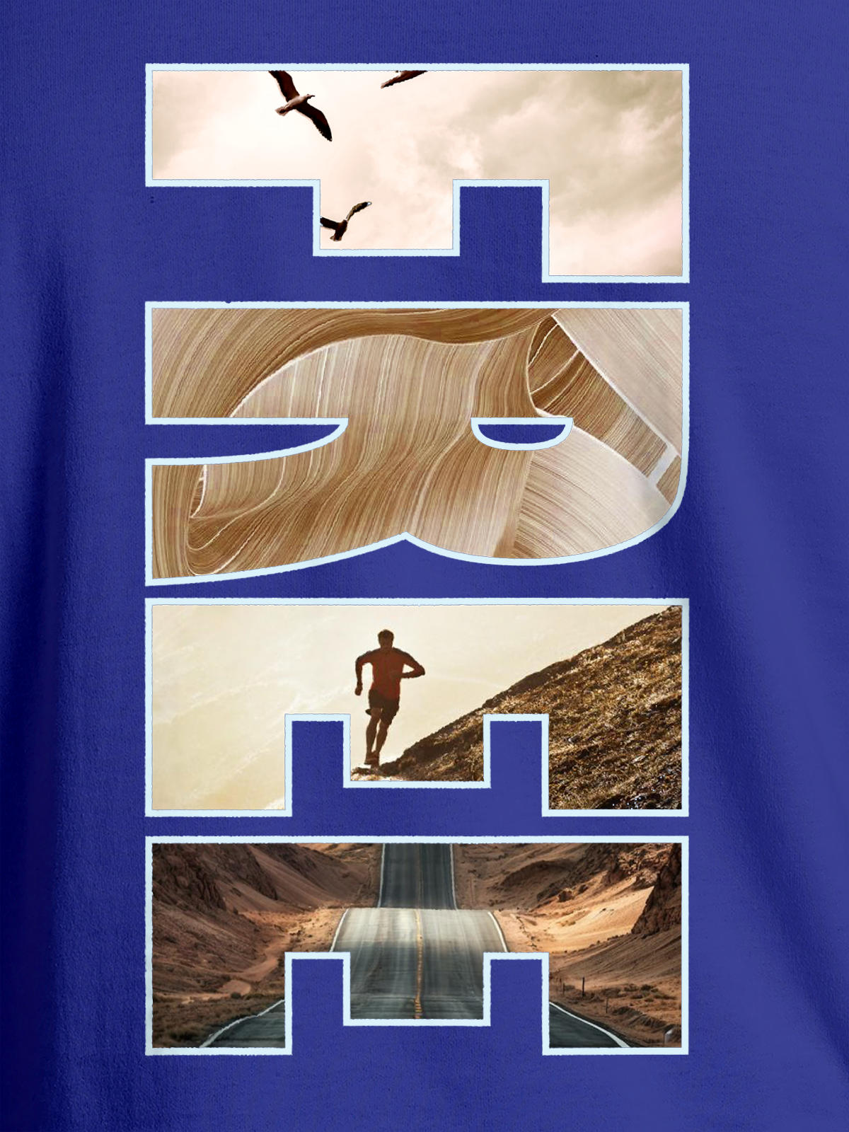 Close up of 'Free & Boundless' design on Men's Blue Round Neck T-shirt, highlighting intricate details and vibrant print.
