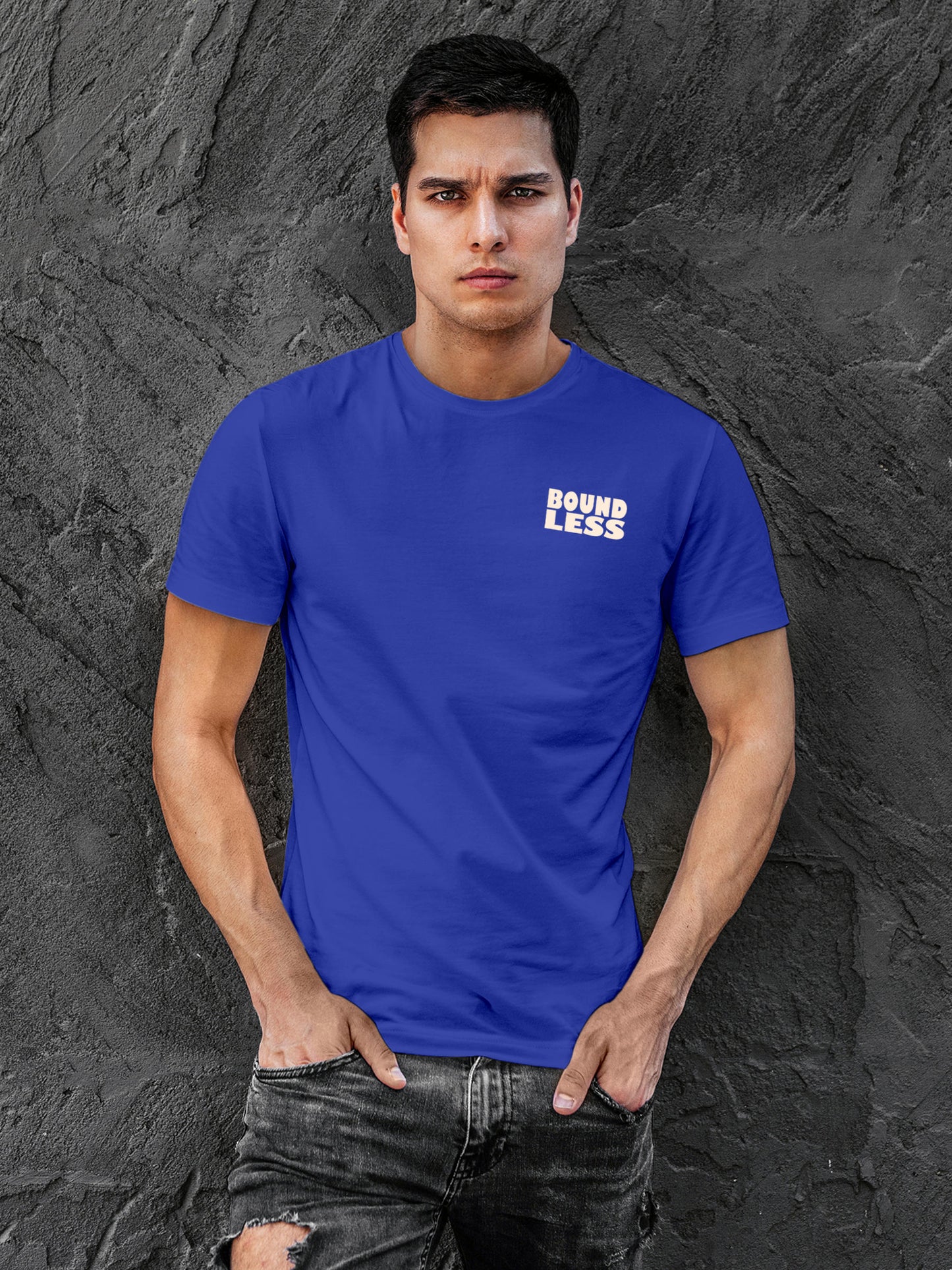 Front view of Fighterhero Men's Blue Round Neck T-shirt, highlighting the 'broken chains' design on the chest.
