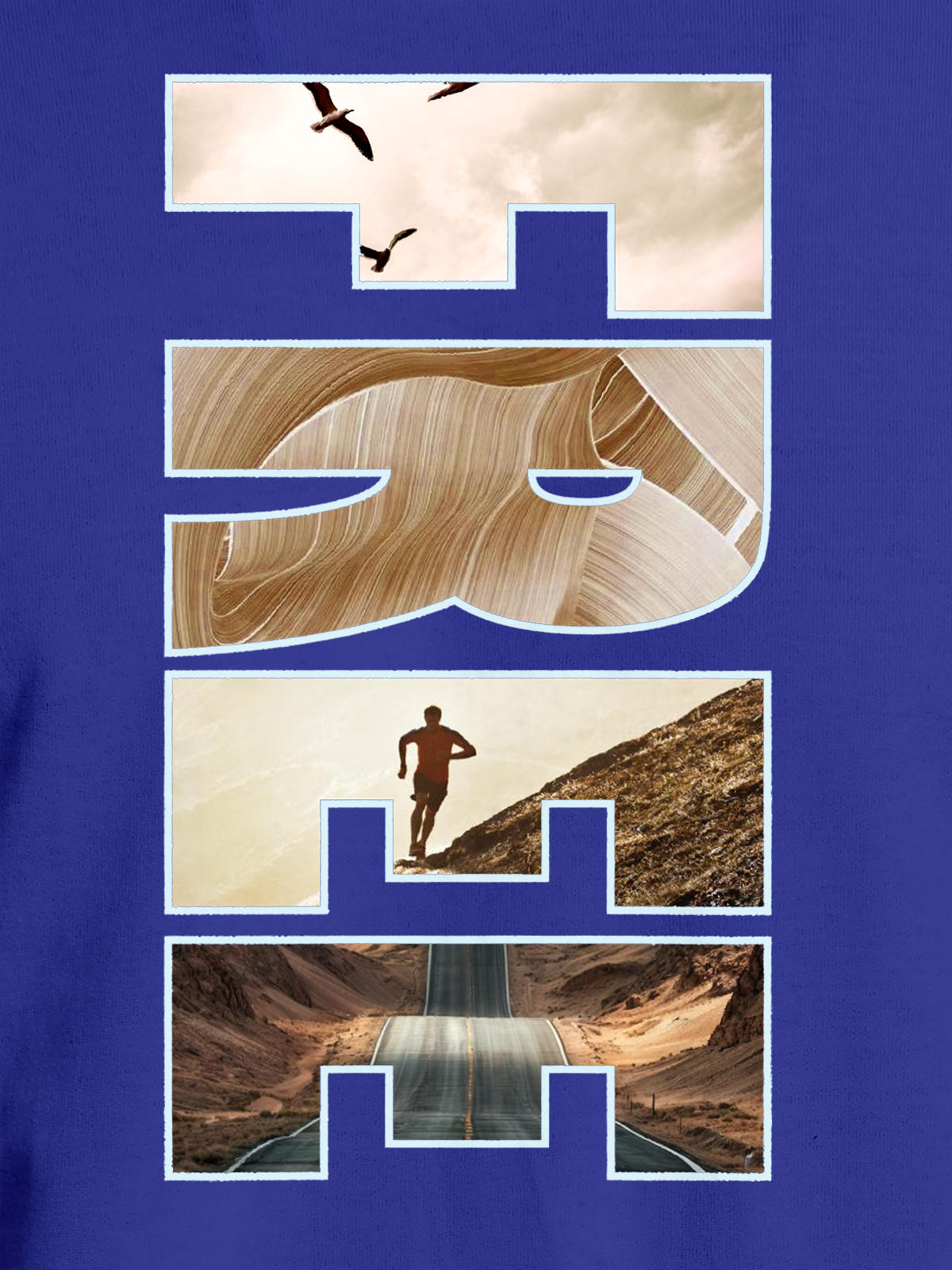 Close up of 'Free & Boundless' design on Women's Blue Round Neck T-shirt, highlighting intricate details and vibrant print.
