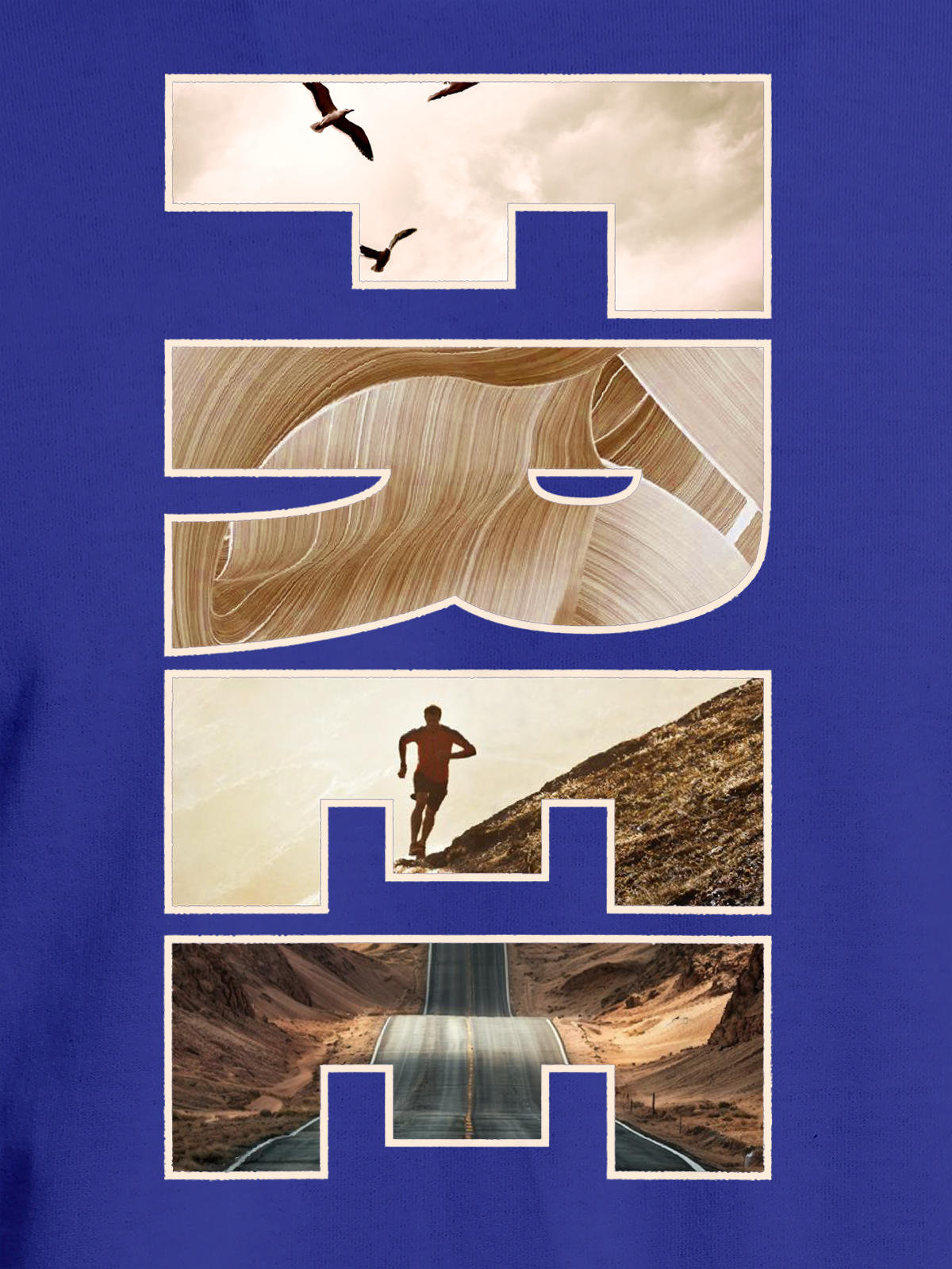 Close up of 'Free & Boundless' design on Women's Blue Round Neck T-shirt, highlighting intricate details and vibrant print.
