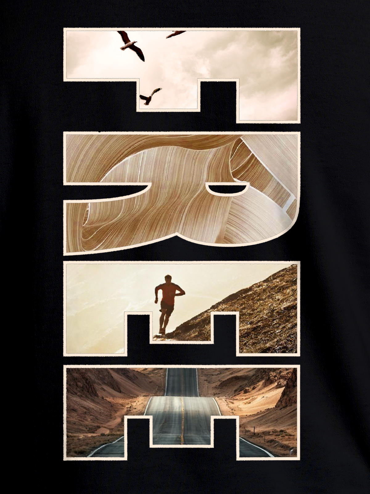Close up of 'Free & Boundless' design on Men's Black Round Neck T-shirt, highlighting intricate details and vibrant print.
