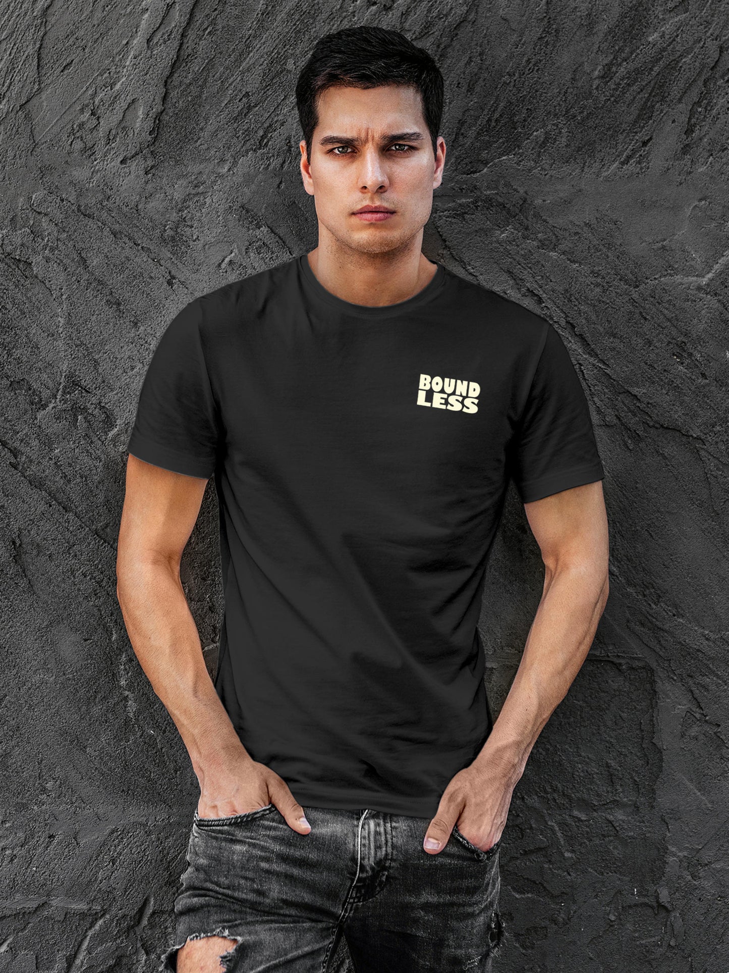 Front view of Fighterhero Men's Dark Grey Round Neck T-shirt, highlighting the 'broken chains' design on the chest.