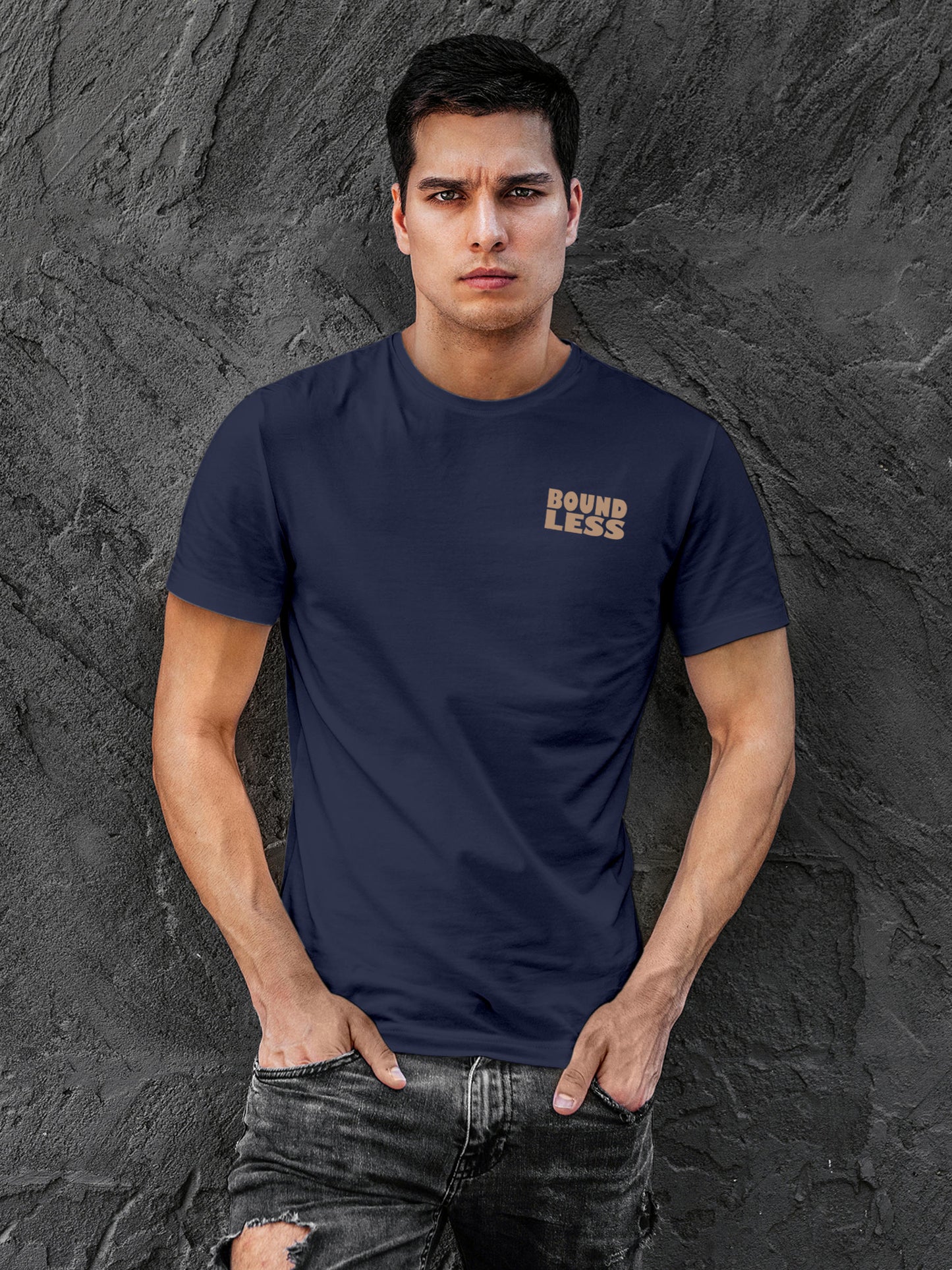 Front view of Fighterhero Men's Navy Blue Round Neck T-shirt, highlighting the 'broken chains' design on the chest.
