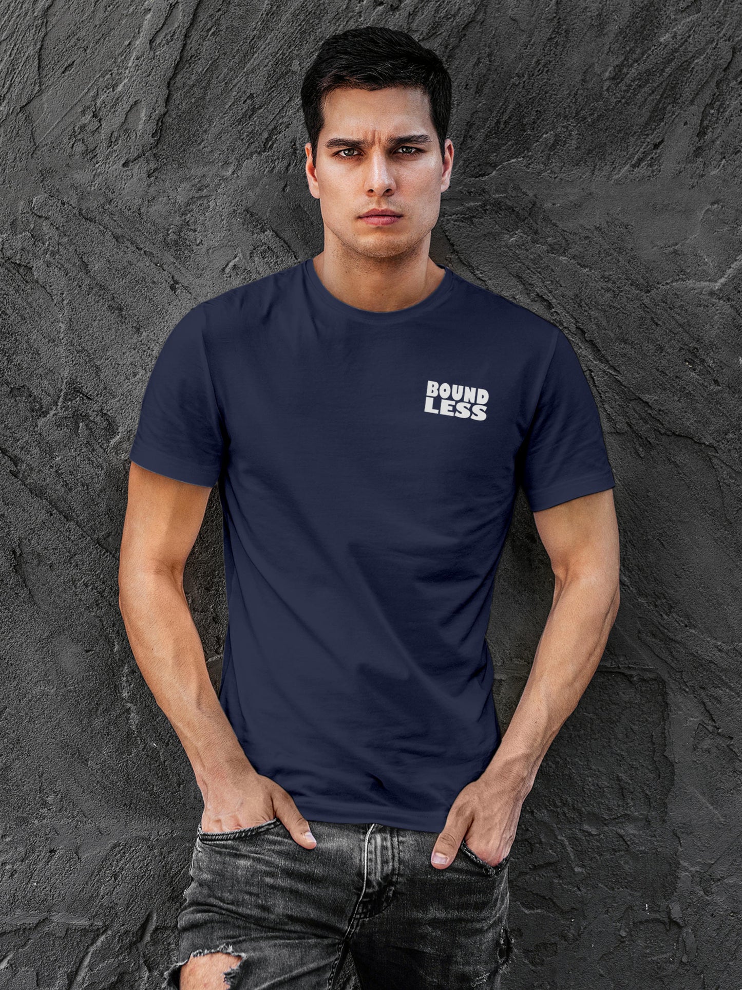 Front view of Fighterhero Men's Navy Blue Round Neck T-shirt, highlighting the 'broken chains' design on the chest.