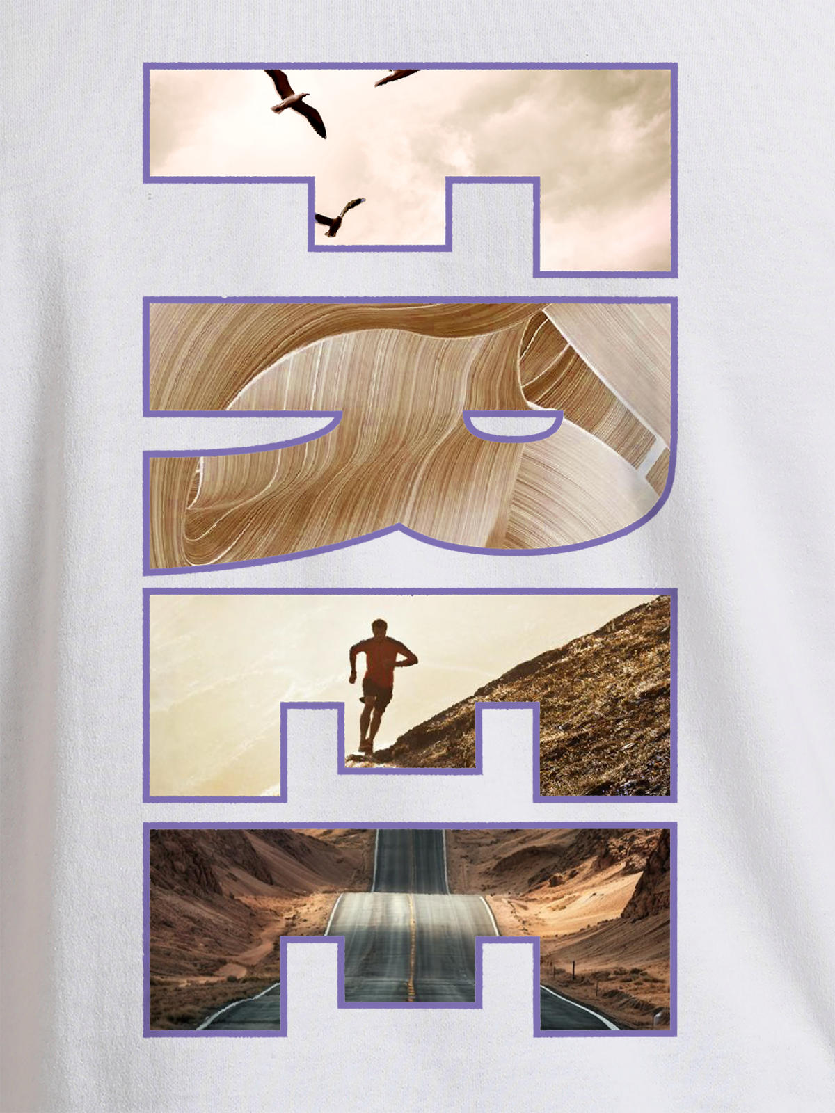 Close up of 'Free & Boundless' design on Men's White Round Neck T-shirt, highlighting intricate details and vibrant print.