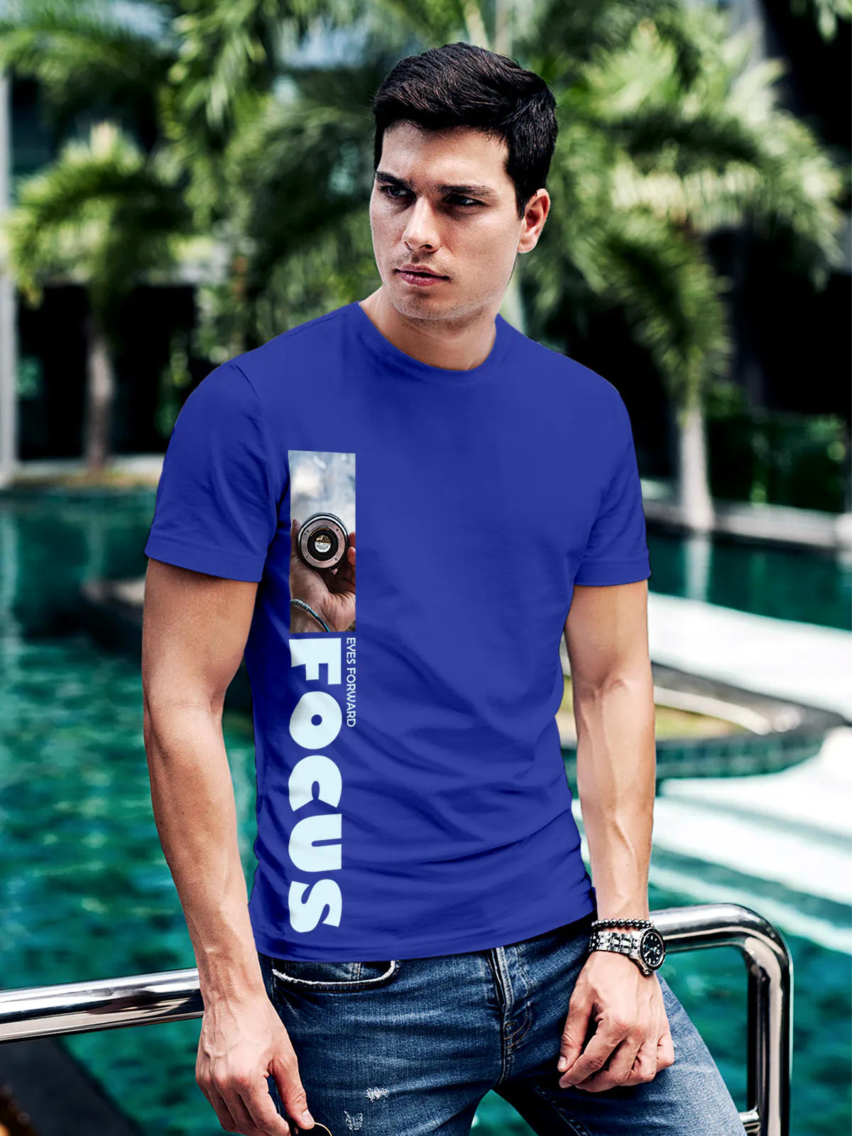 Model wearing Men's Blue Round Neck T-shirt with 'Focus' design, offering effortless style and premium comfort