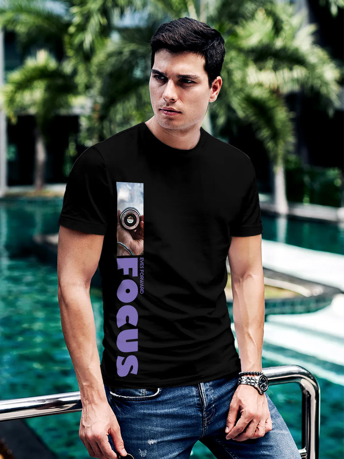 Model wearing Men's Black Round Neck T-shirt with 'Focus' design, offering effortless style and premium comfort
