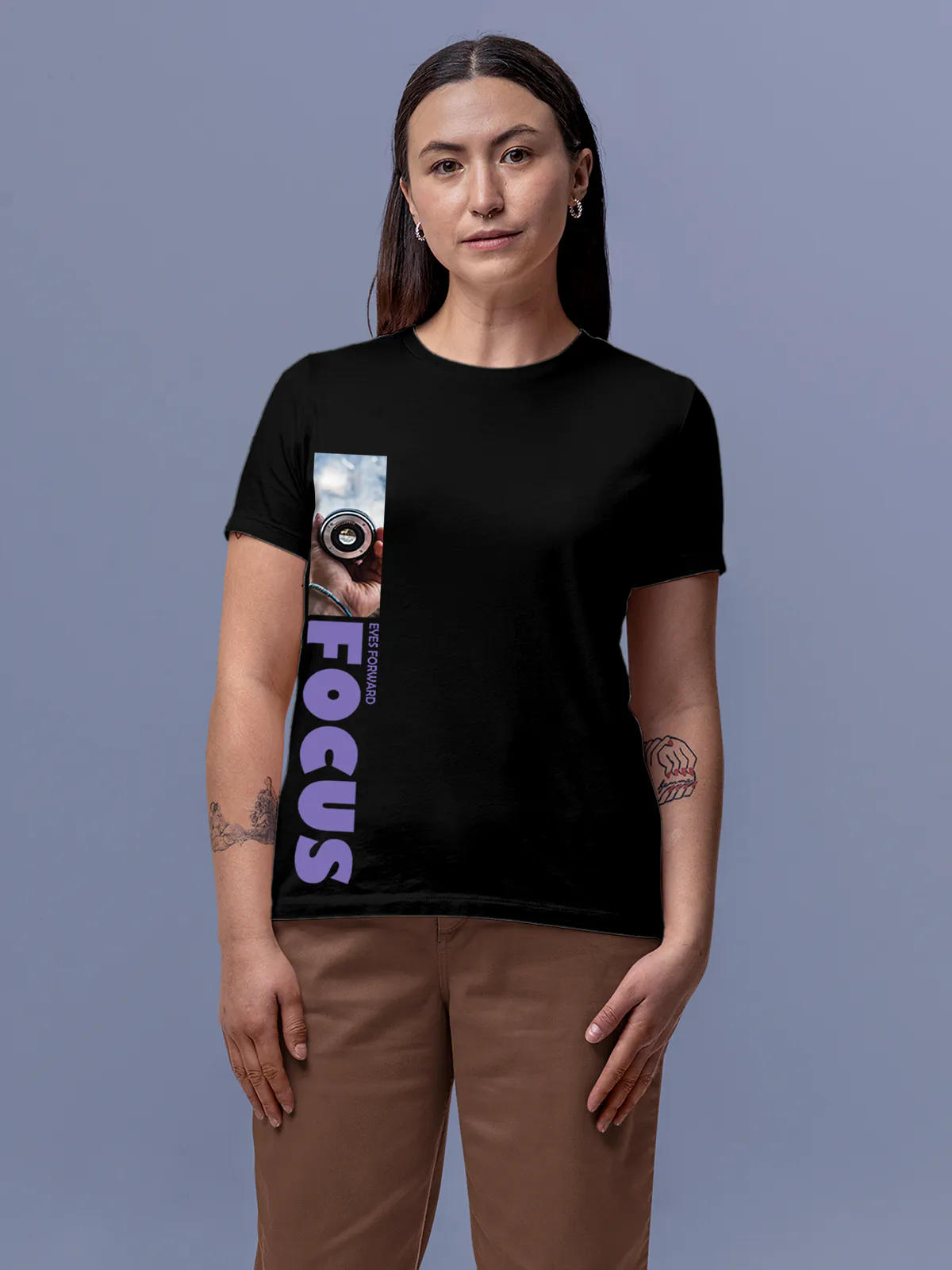 Model wearing Women's Black Round Neck T-shirt with 'Focus' design, offering effortless style and premium comfort