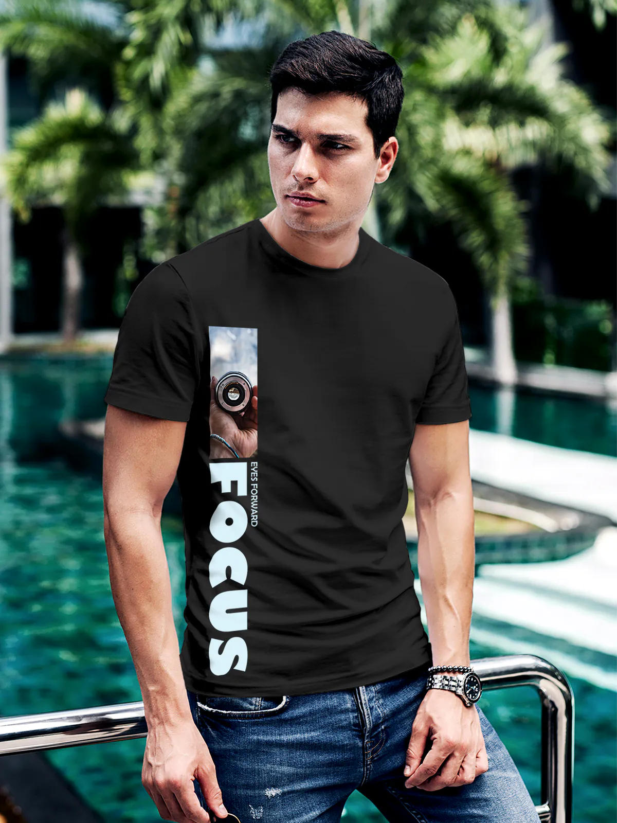 Model wearing Men's Dark Grey Round Neck T-shirt with 'Focus' design, offering effortless style and premium comfort