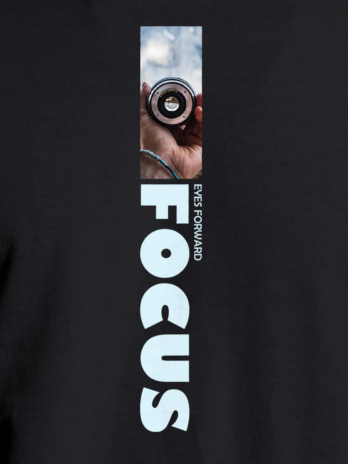 Close up of 'Focus' design on Men's Dark Grey Round Neck T-shirt, highlighting intricate details and vibrant print.