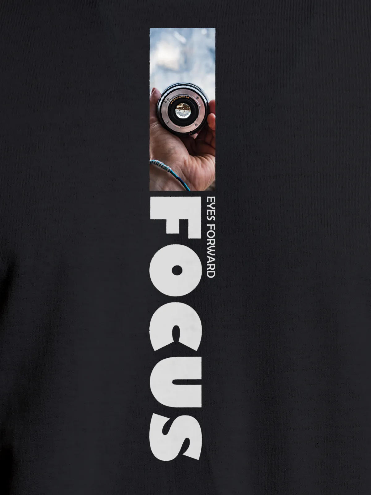 Close up of 'Focus' design on Men's Dark Grey Round Neck T-shirt, highlighting intricate details and vibrant print.