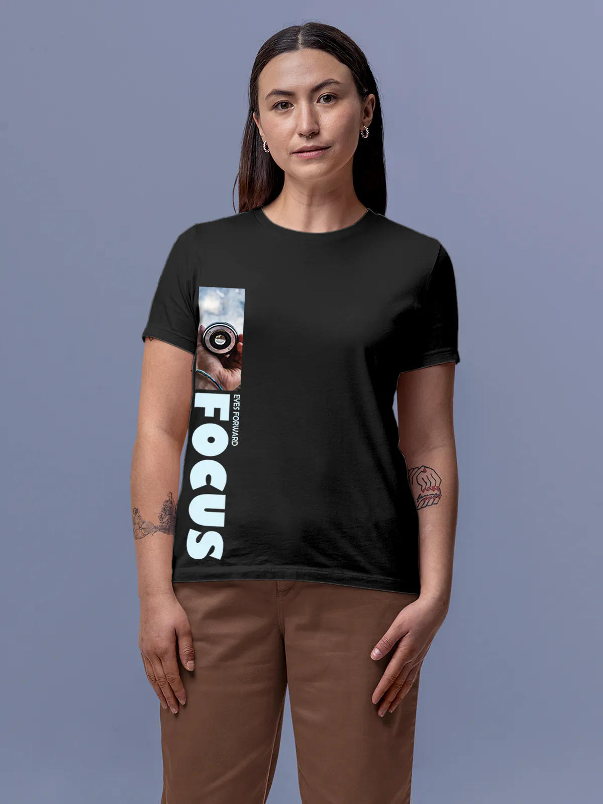 Model wearing Women's Dark Grey Round Neck T-shirt with 'Focus' design, offering effortless style and premium comfort