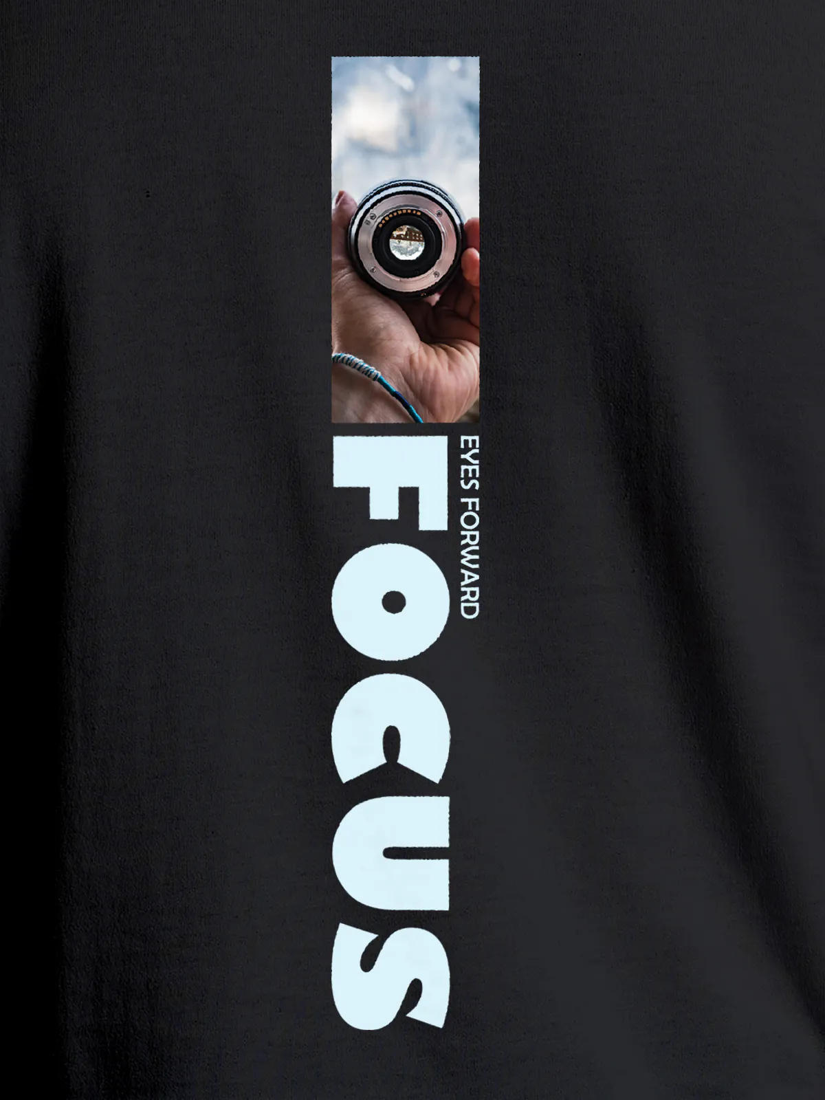 Close up of 'Focus' design on Women's Dark Grey Round Neck T-shirt, highlighting intricate details and vibrant print.