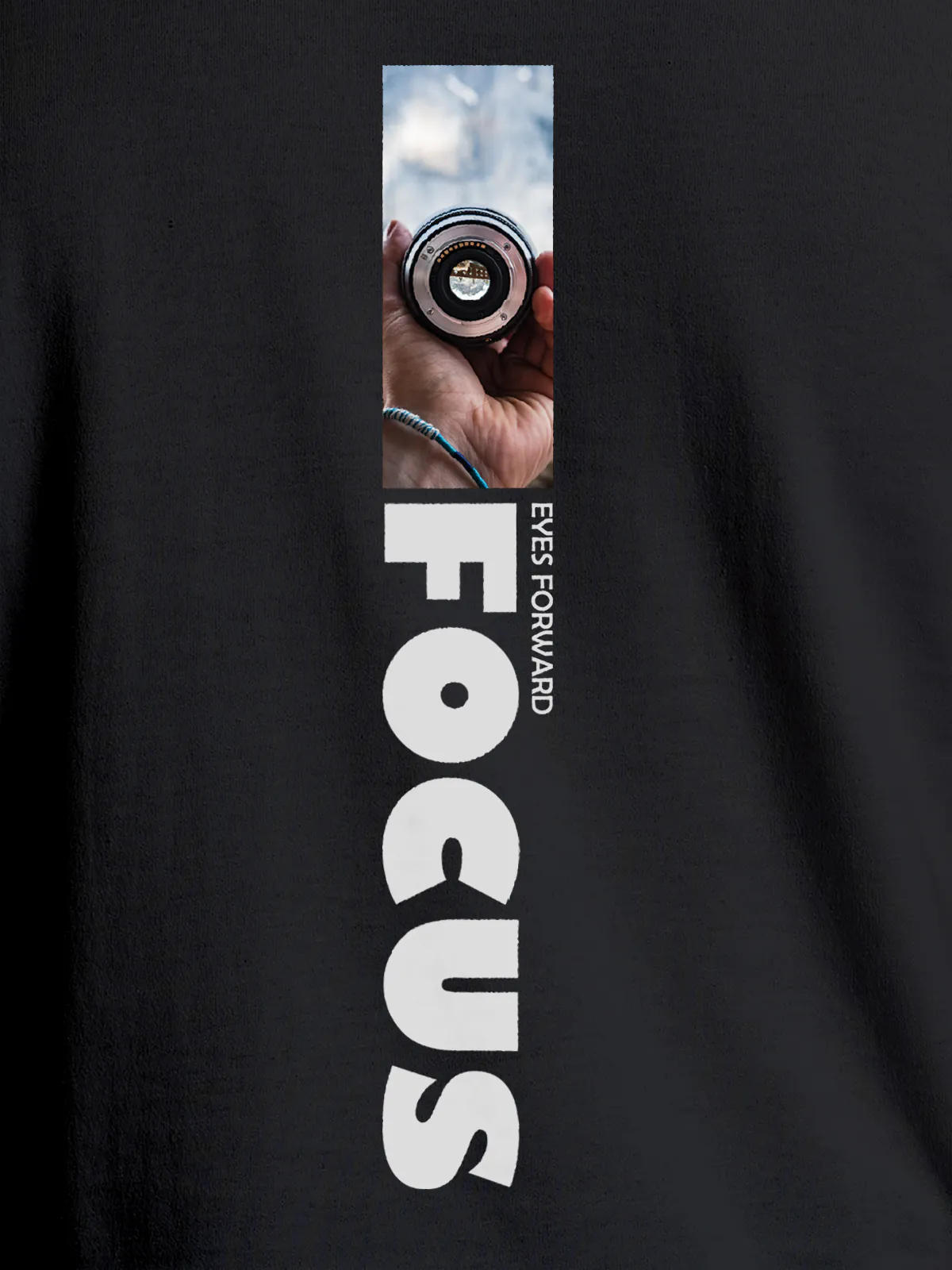 Close up of 'Focus' design on Women's Dark Grey Round Neck T-shirt, highlighting intricate details and vibrant print.