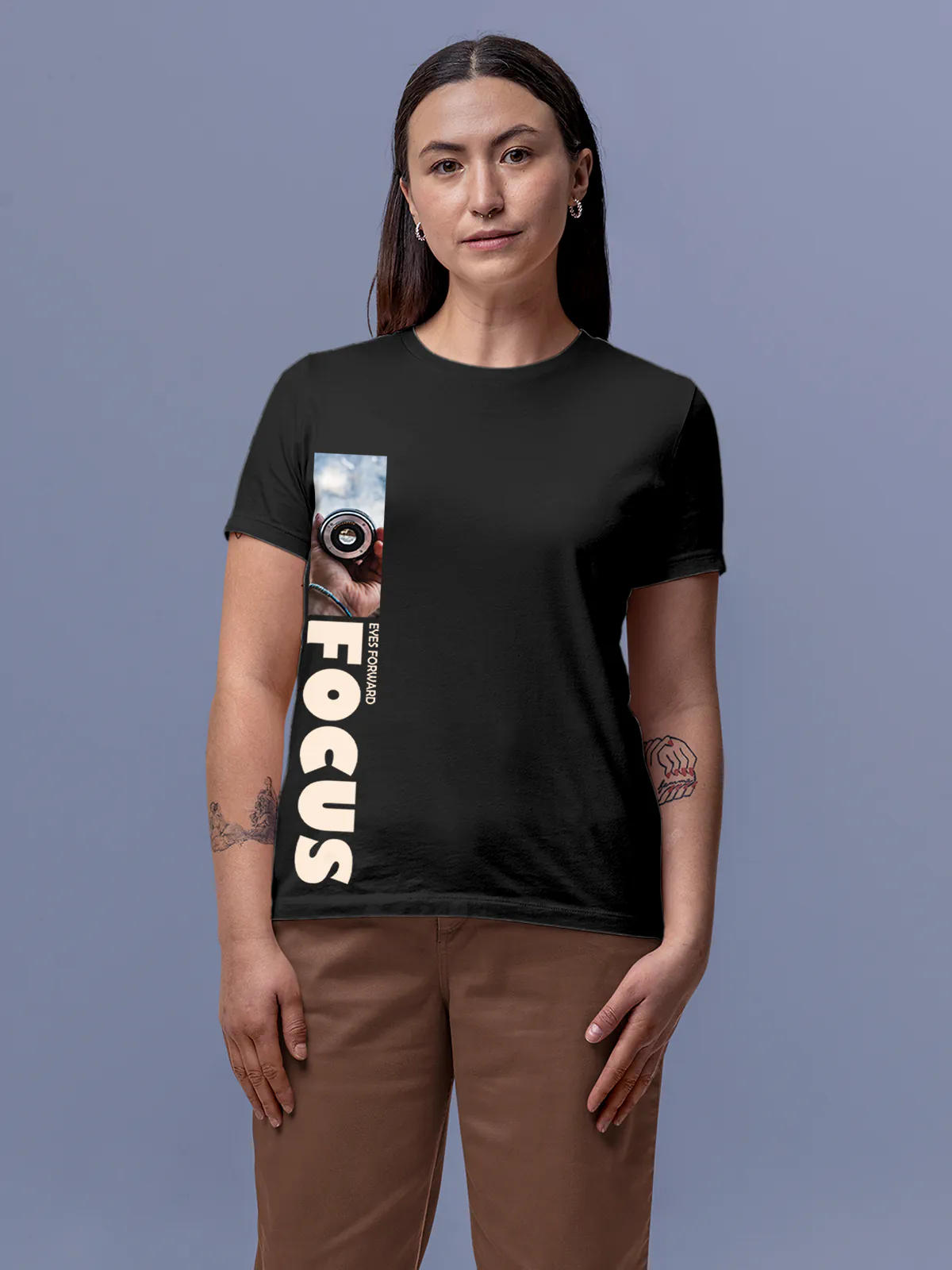 Model wearing Women's Dark Grey Round Neck T-shirt with 'Focus' design, offering effortless style and premium comfort