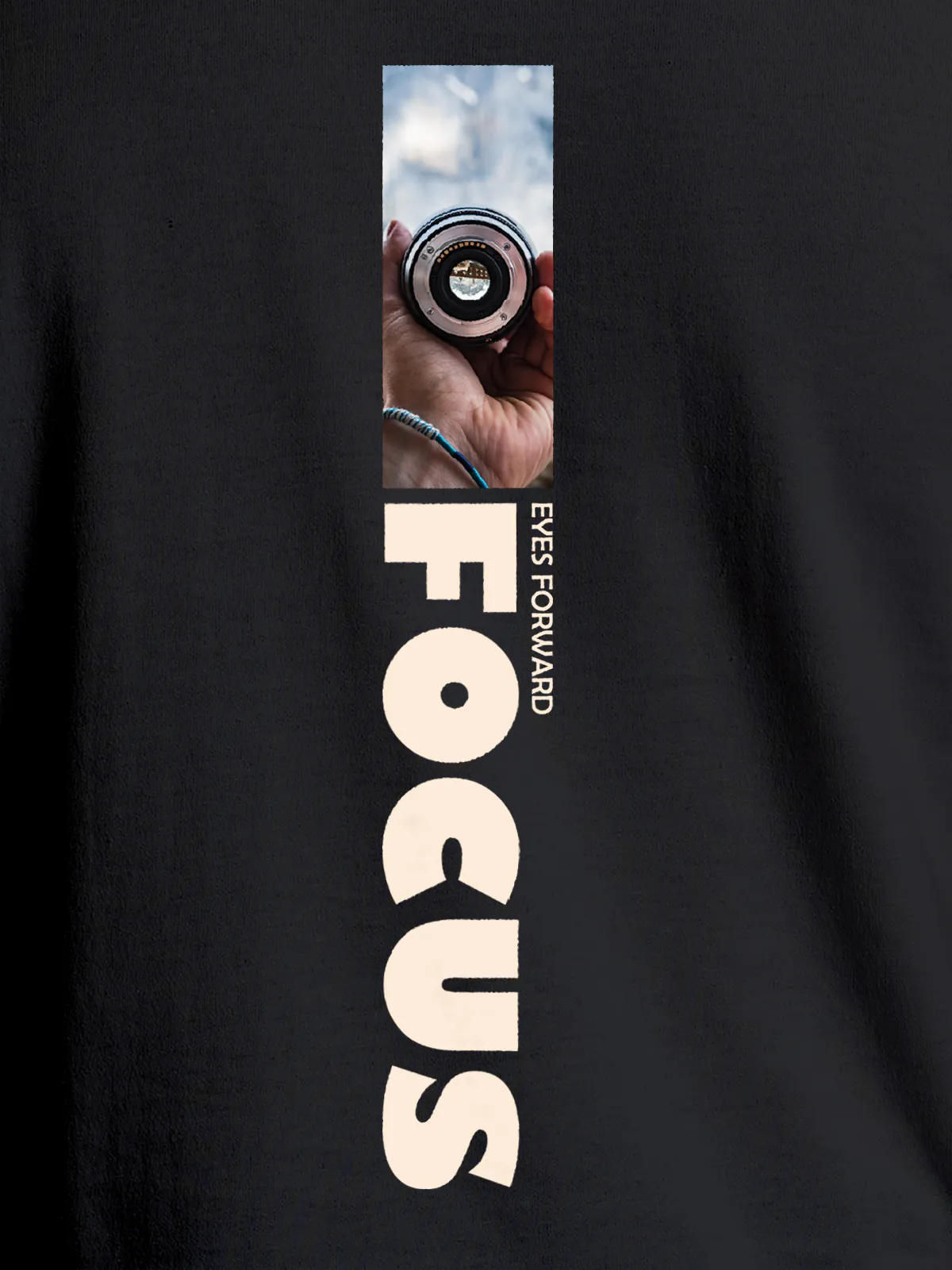 Close up of 'Focus' design on Women's Dark Grey Round Neck T-shirt, highlighting intricate details and vibrant print.