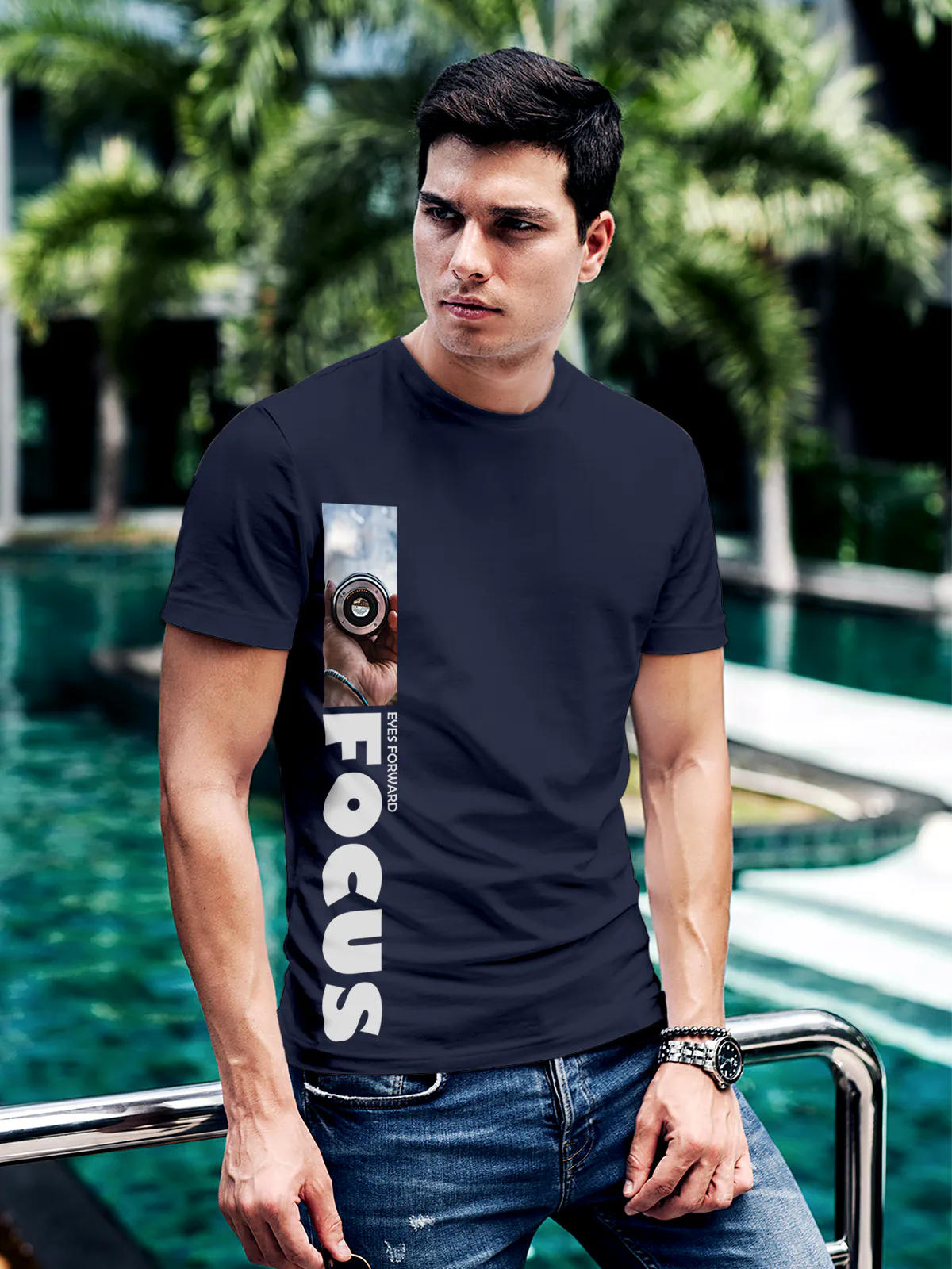 Model wearing Men's Navy Blue Round Neck T-shirt with 'Focus' design, offering effortless style and premium comfort
