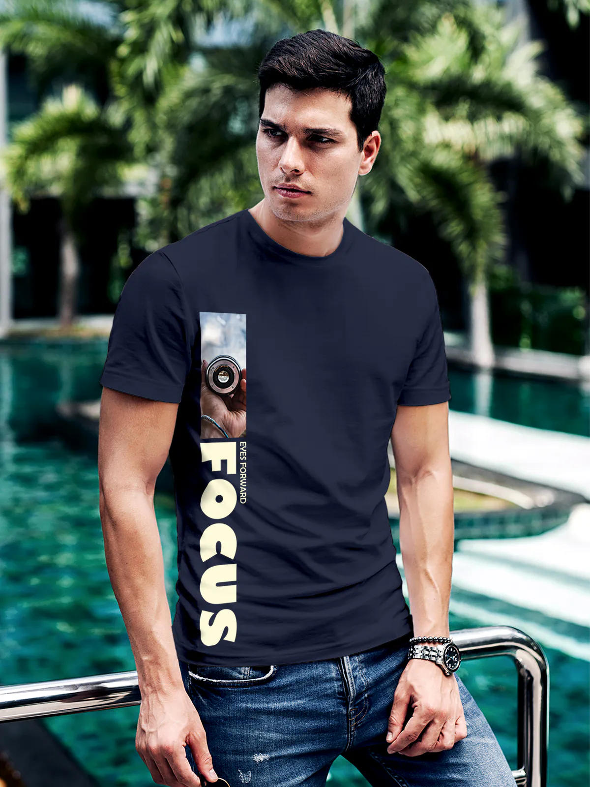 Model wearing Men's Navy Blue Round Neck T-shirt with 'Focus' design, offering effortless style and premium comfort