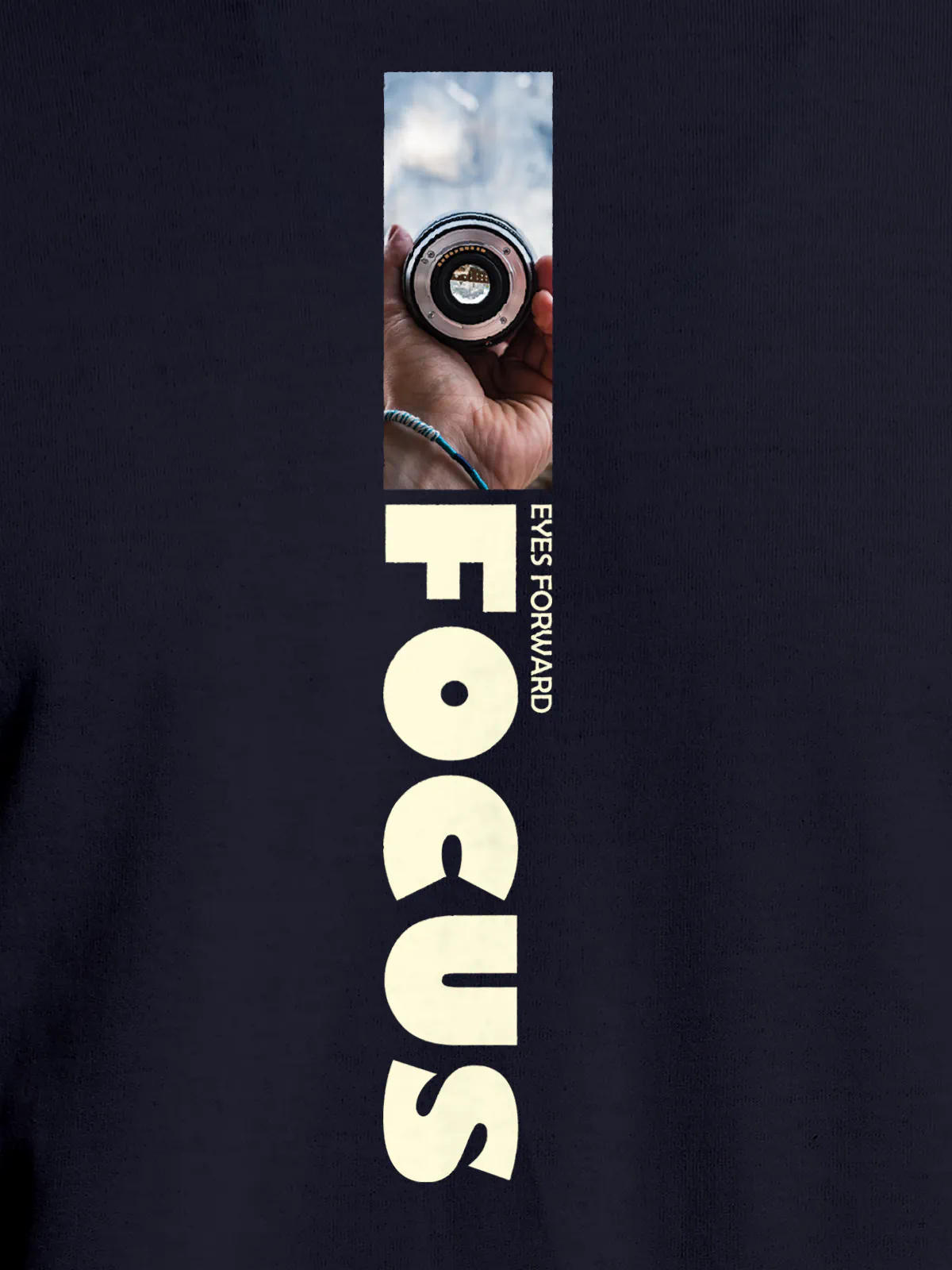 Close up of 'Focus' design on Men's Navy Blue Round Neck T-shirt, highlighting intricate details and vibrant print.