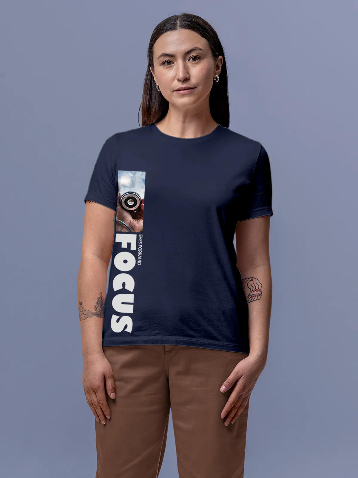 Model wearing Women's Navy Blue Round Neck T-shirt with 'Focus' design, offering effortless style and premium comfort
