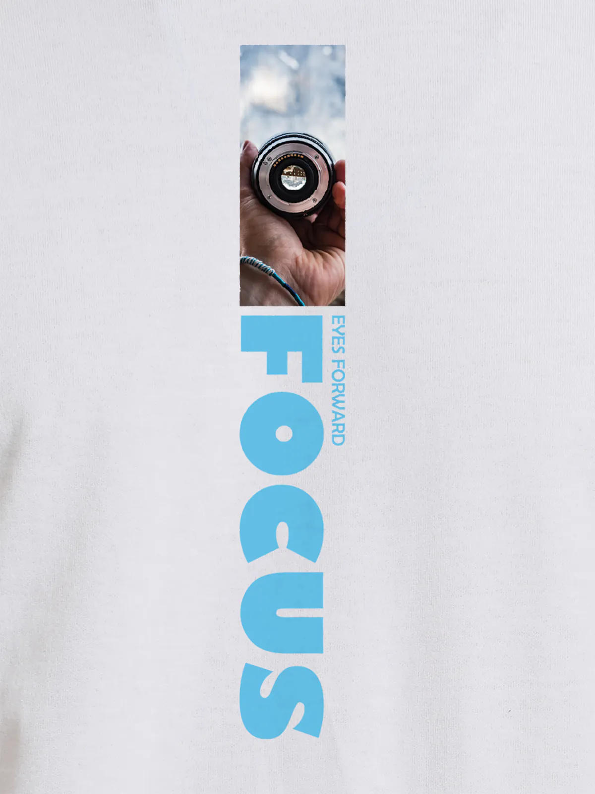 Close up of 'Focus' design on Men's White Round Neck T-shirt, highlighting intricate details and vibrant print.
