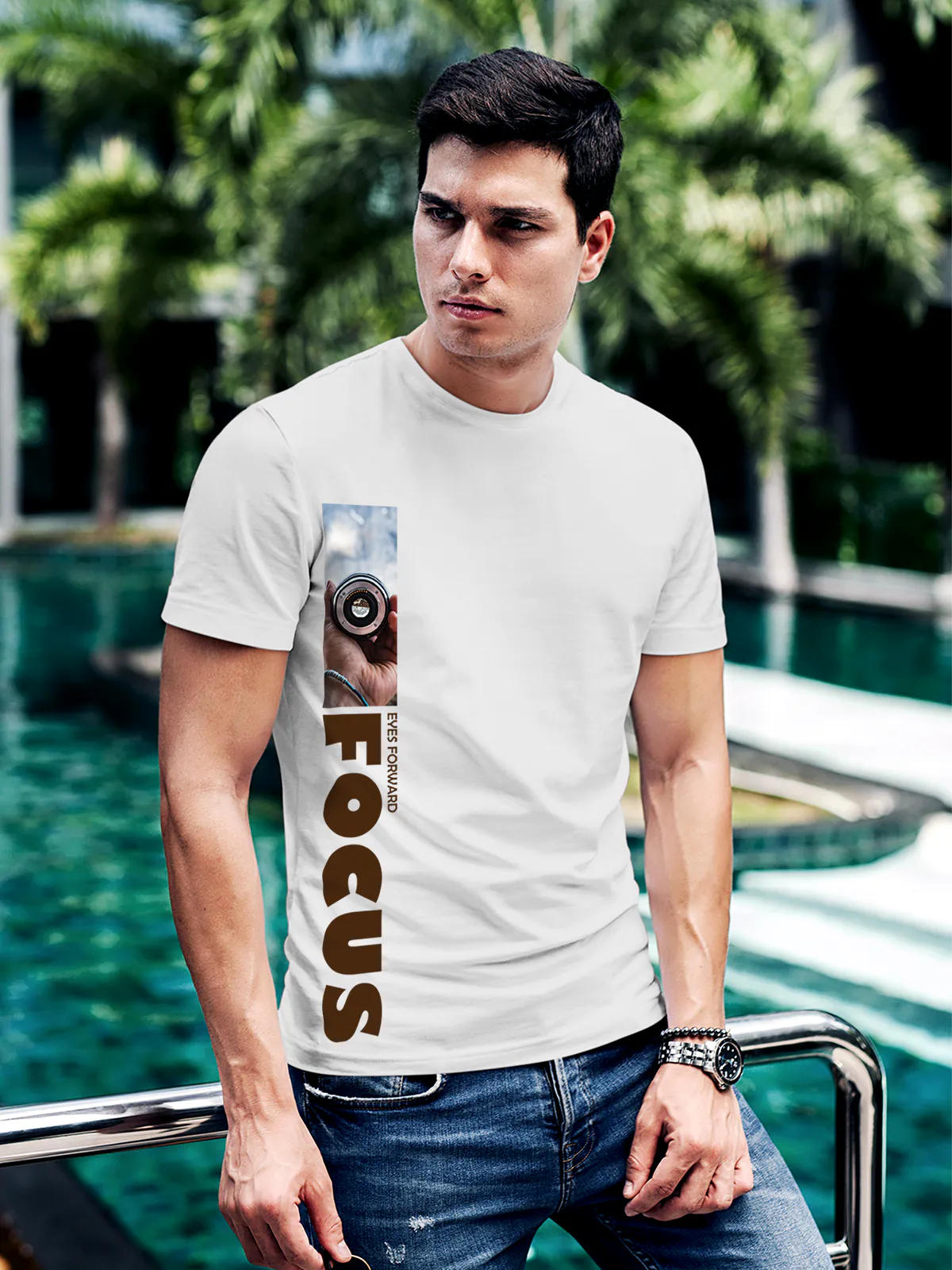 Model wearing Men's White Round Neck T-shirt with 'Focus' design, offering effortless style and premium comfort