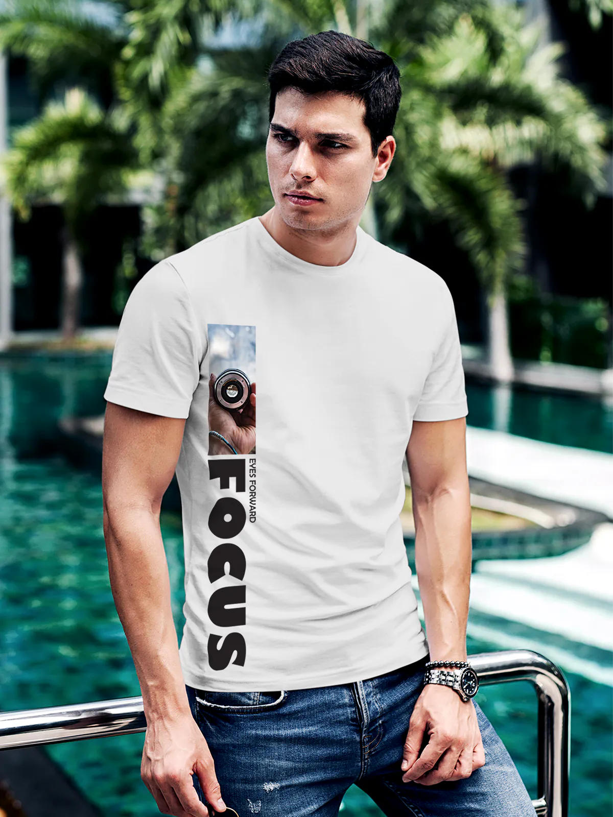 Model wearing Men's White Round Neck T-shirt with 'Focus' design, offering effortless style and premium comfort